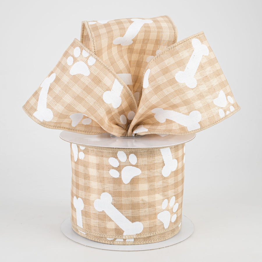 2.5" Paw Prints & Dog Bones Gingham Check Ribbon: Beige & Cream (10 Yards) Lifestyle Photo