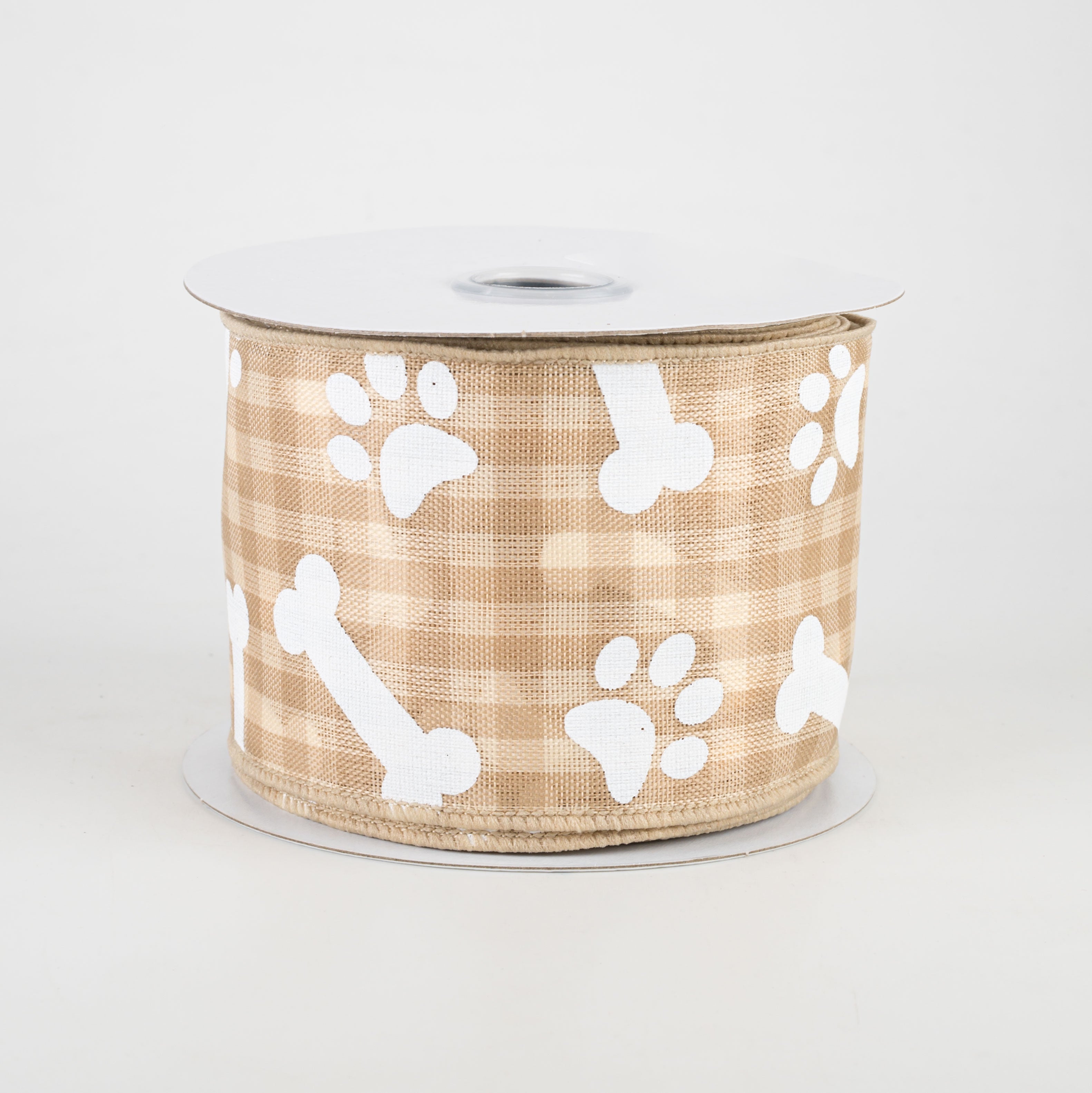 2.5" Paw Prints & Dog Bones Gingham Check Ribbon: Beige & Cream (10 Yards)