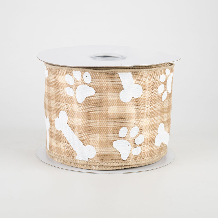 2.5" Paw Prints & Dog Bones Gingham Check Ribbon: Beige & Cream (10 Yards)