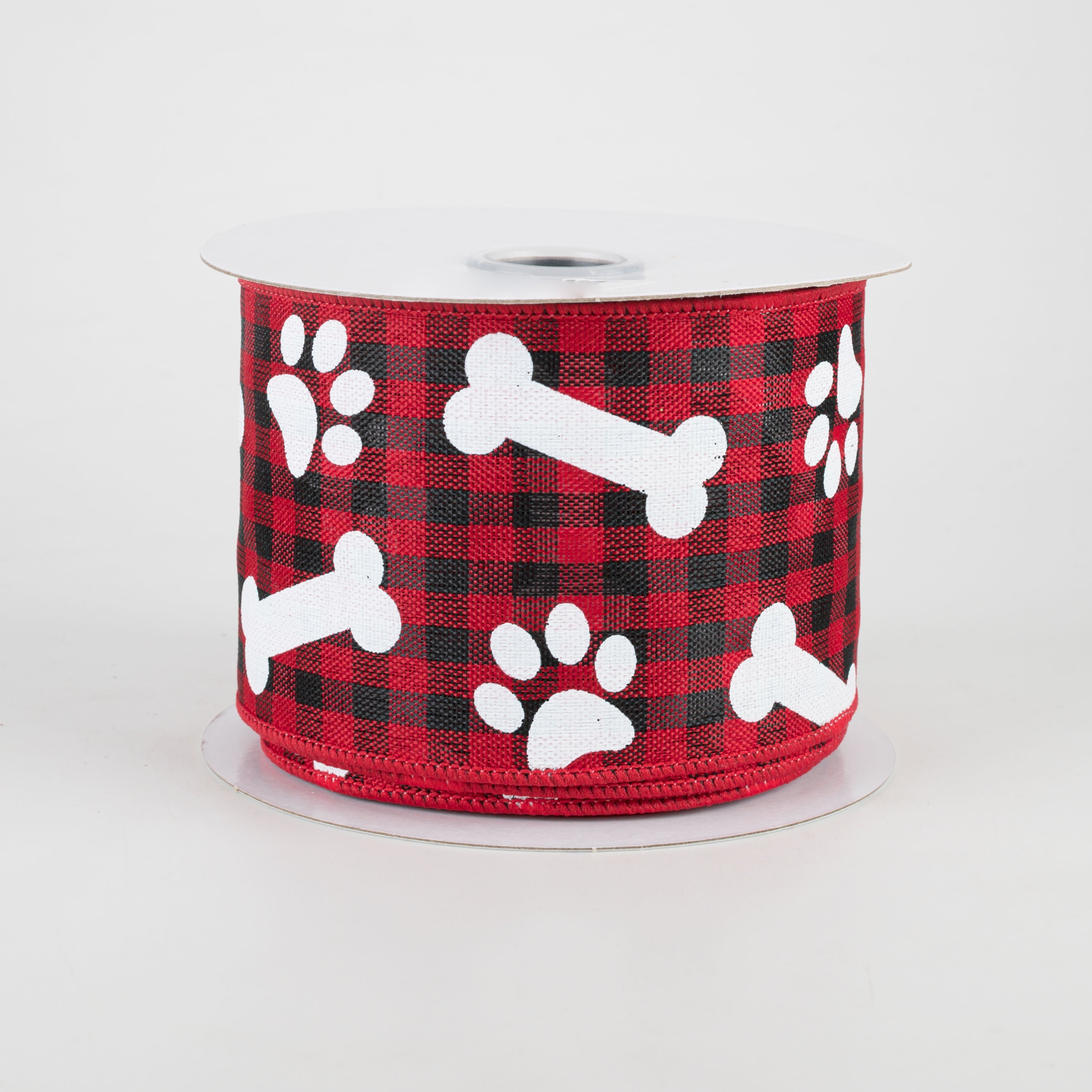 2.5" Paw Prints & Dog Bones Gingham Check Ribbon: Black & Red (10 Yards)