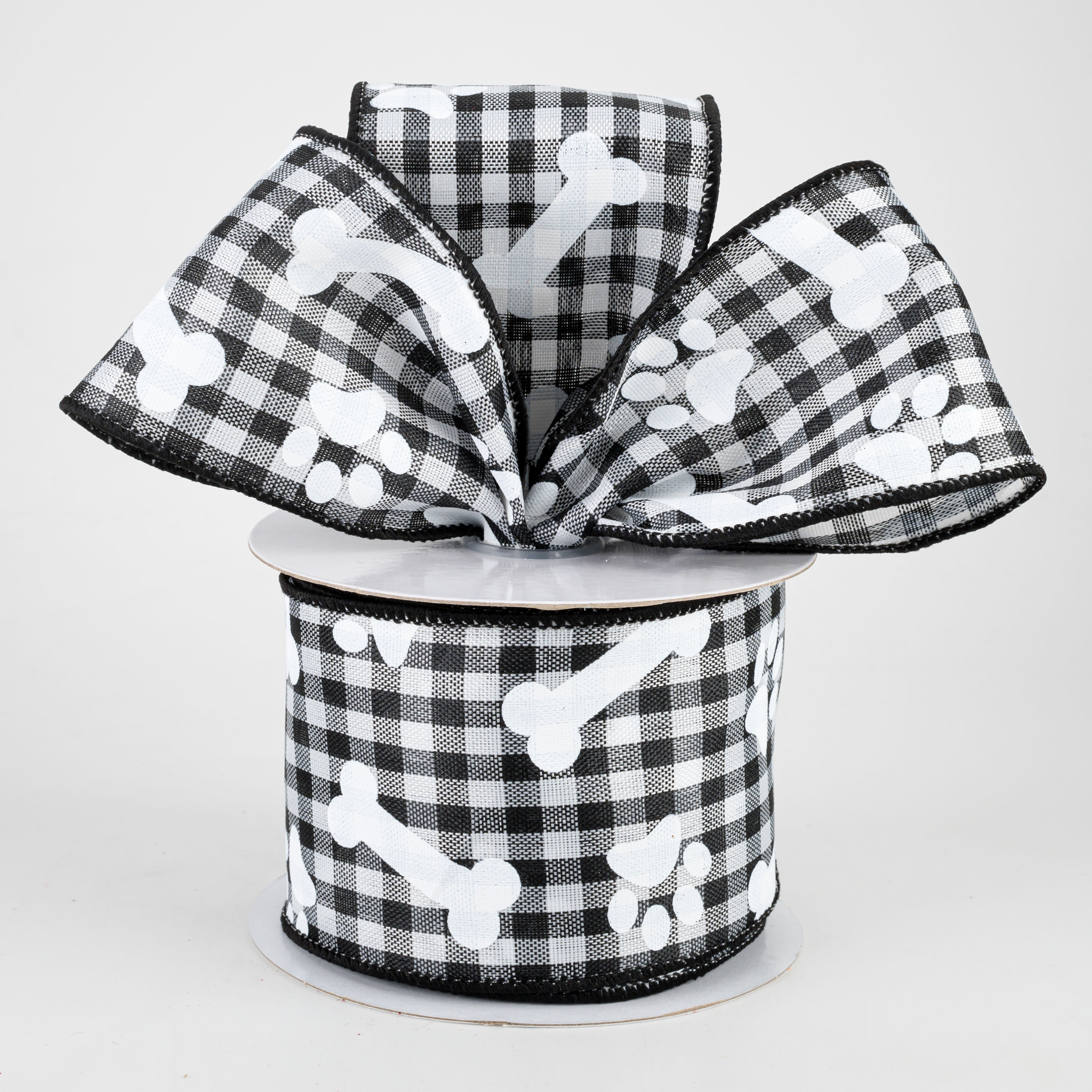 2.5" Paw Prints & Dog Bones Gingham Check Ribbon: Black & White (10 Yards) Lifestyle Photo