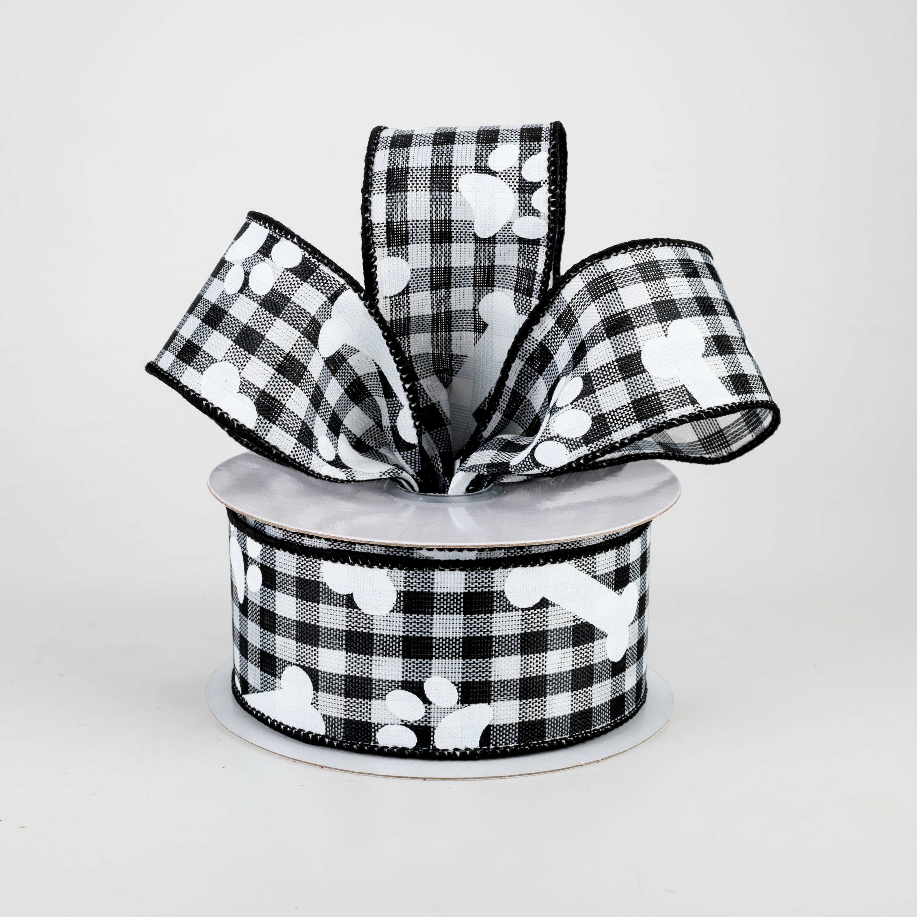 1.5" Paw Prints & Dog Bones Gingham Check Ribbon: Black & White (10 Yards) Lifestyle Photo