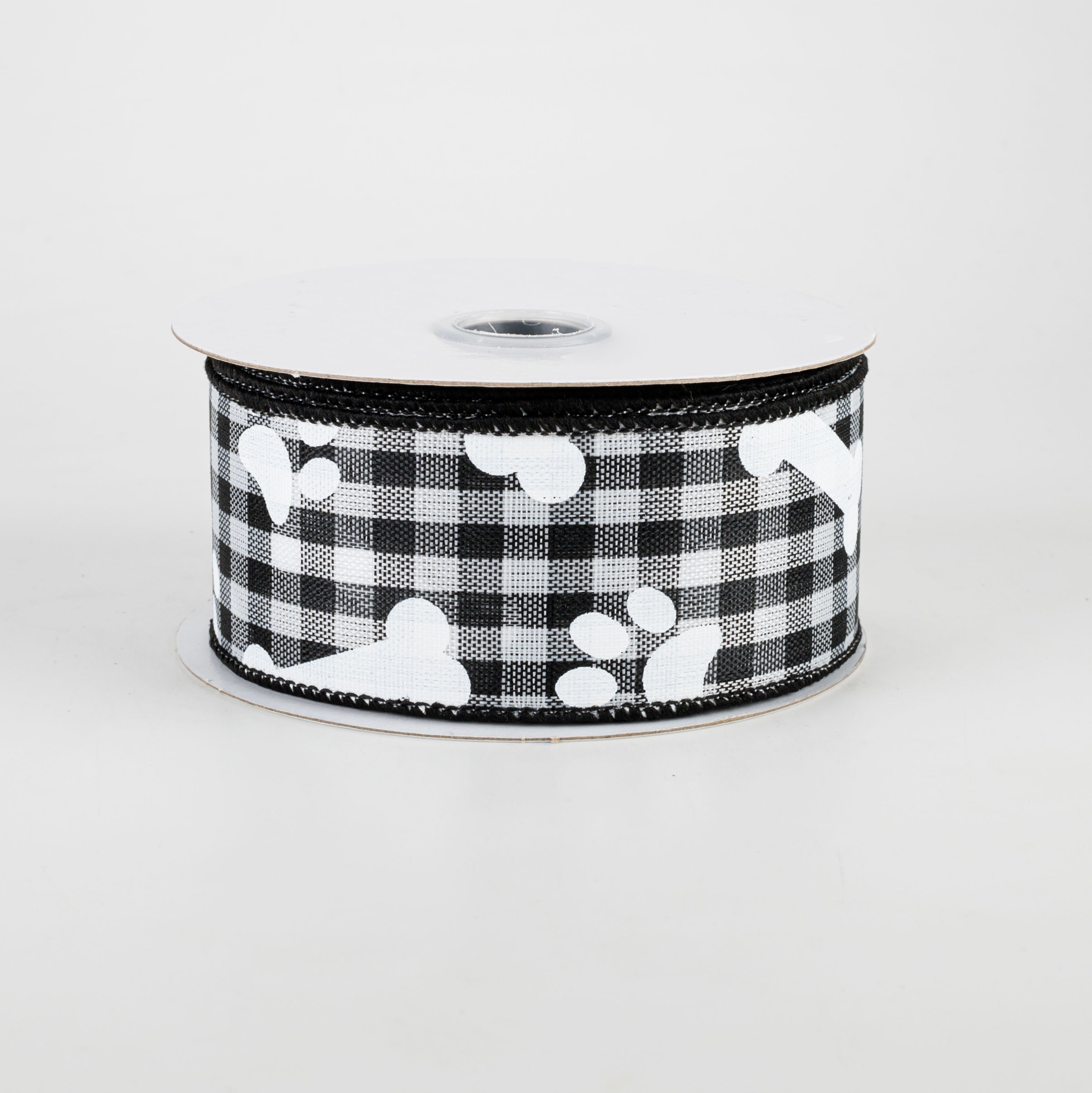 1.5" Paw Prints & Dog Bones Gingham Check Ribbon: Black & White (10 Yards)