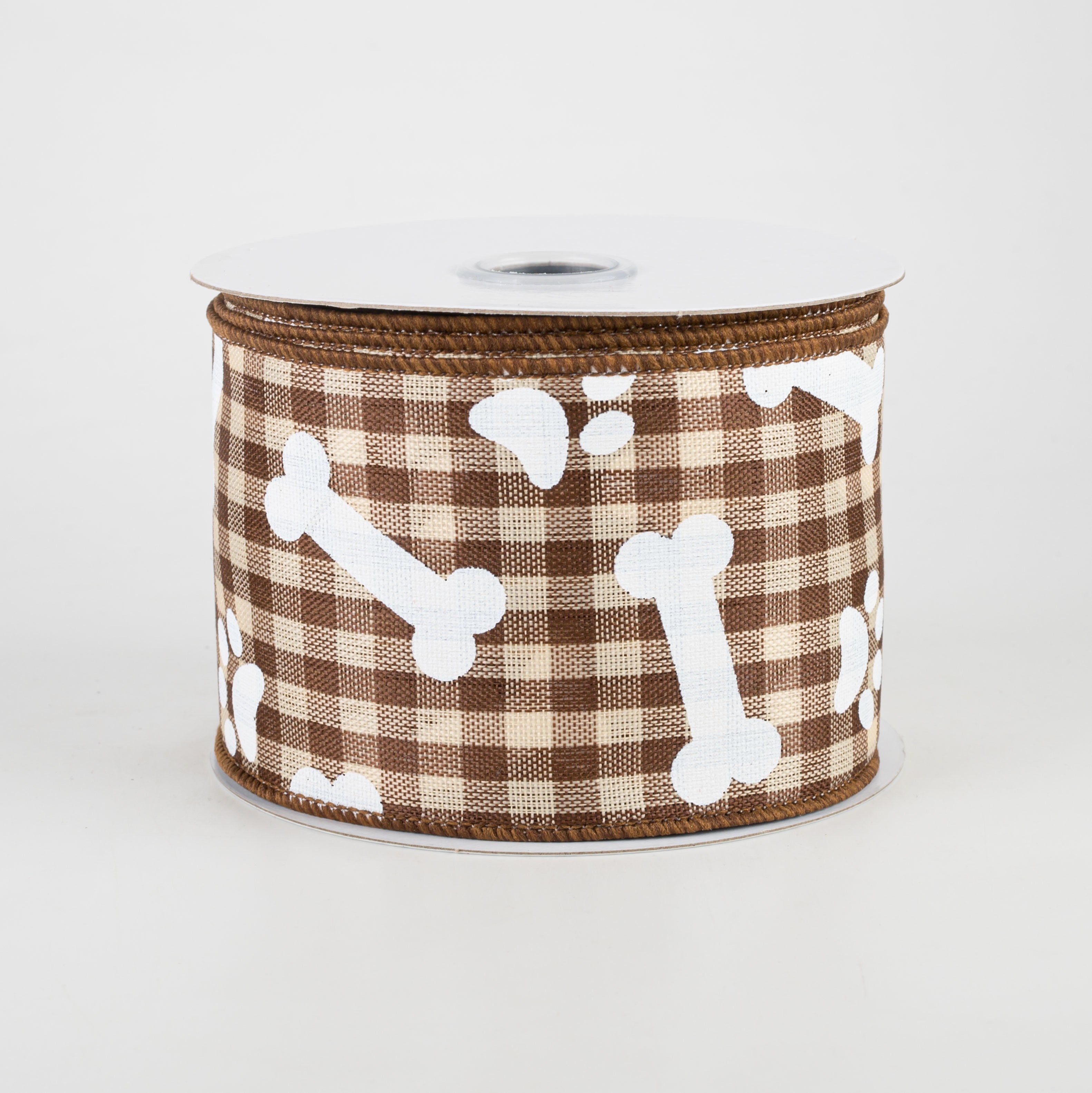 2.5" Paw Prints & Dog Bones Gingham Check Ribbon: Brown & Cream (10 Yards)