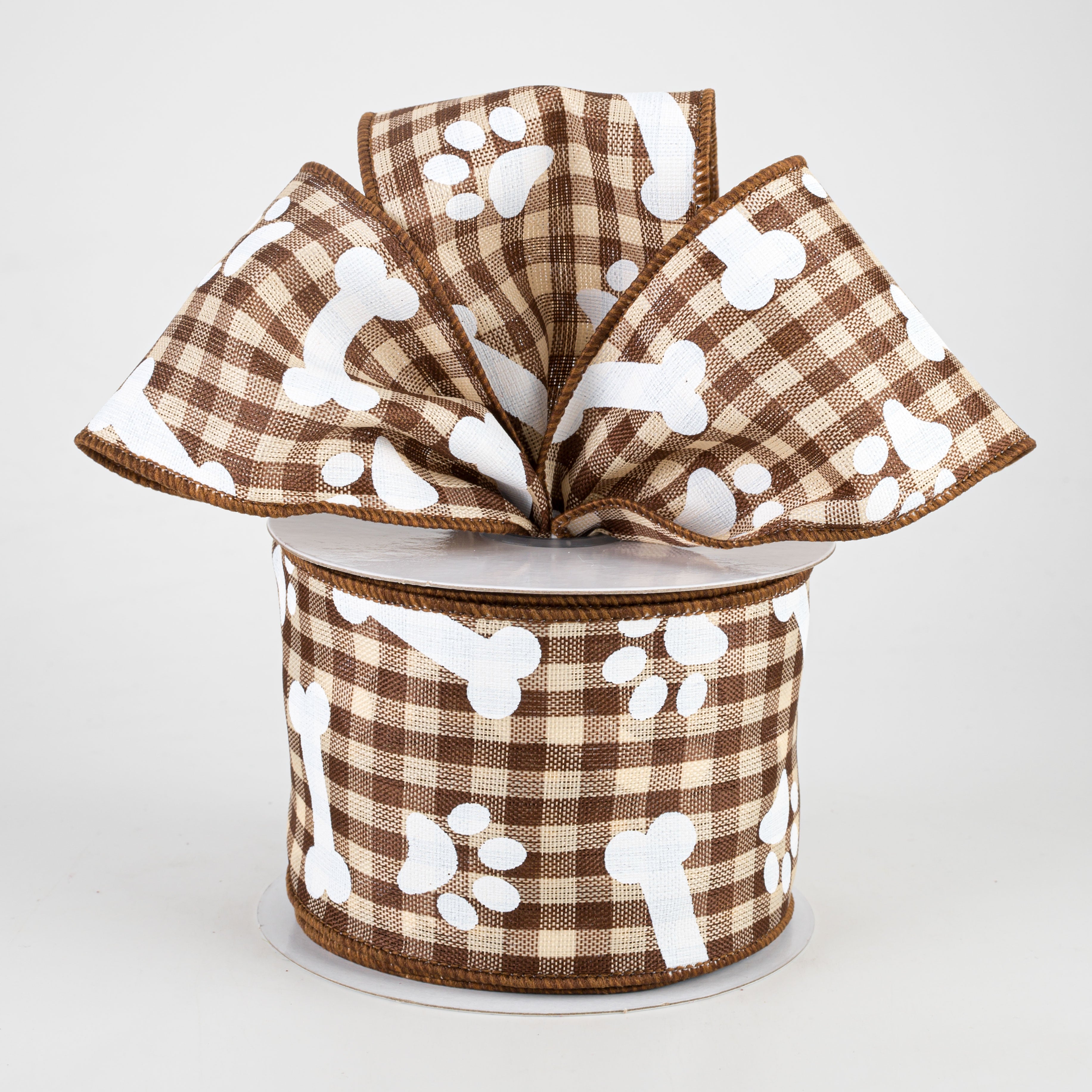 2.5" Paw Prints & Dog Bones Gingham Check Ribbon: Brown & Cream (10 Yards) Lifestyle Photo