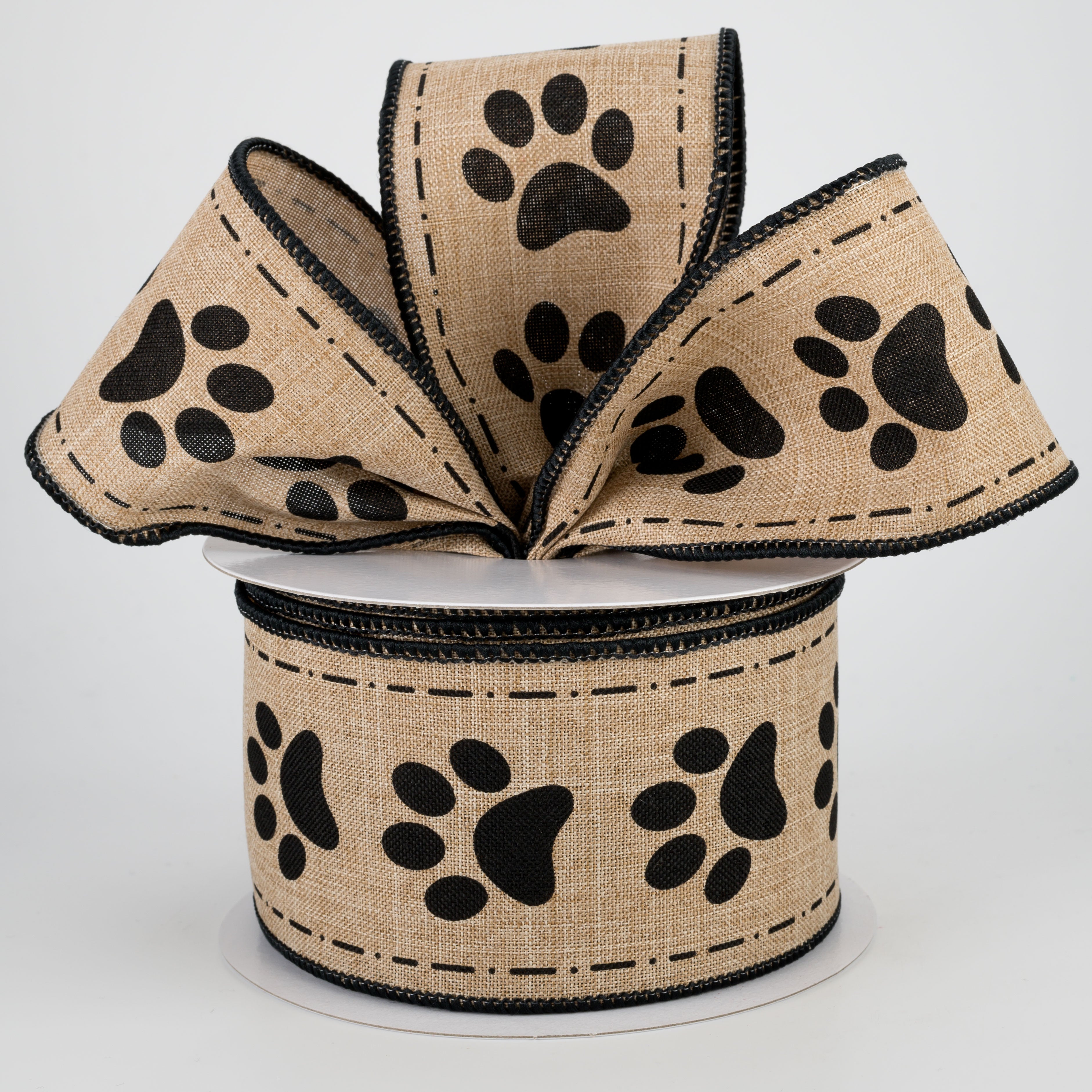2.5" Paw Prints Ribbon: Light Beige & Black (10 Yards) Lifestyle Photo