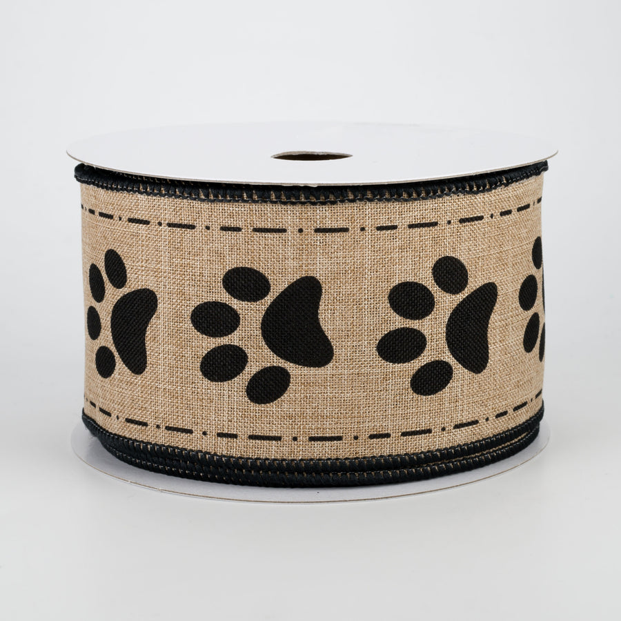 2.5" Paw Prints Ribbon: Light Beige & Black (10 Yards)
