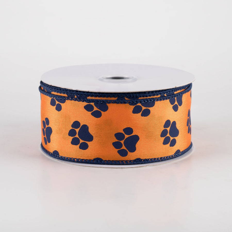 1.5" Paw Prints Ribbon: Orange & Navy Blue (10 Yards)