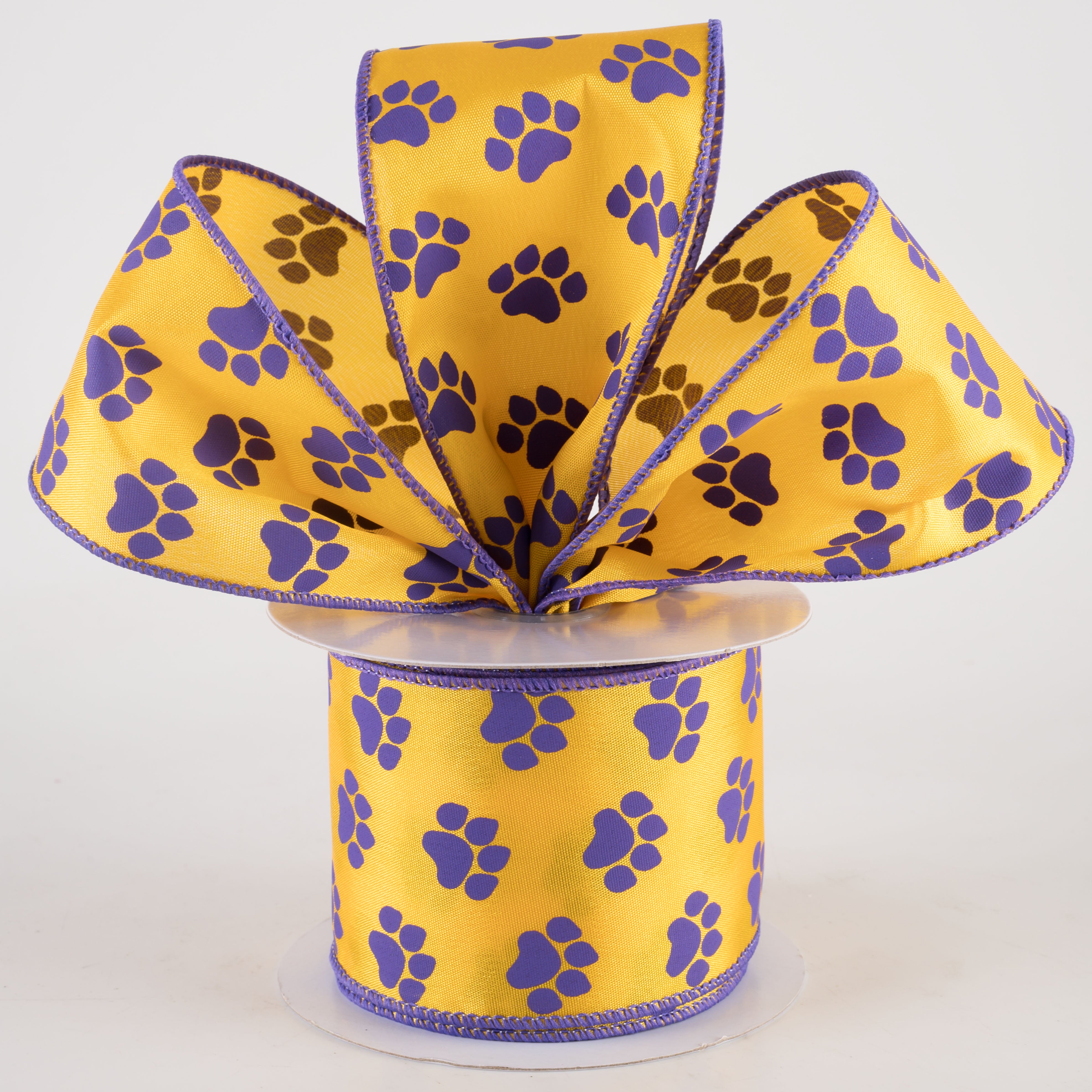 2.5" Paw Prints Ribbon: Purple & Golden Yellow (10 Yards) Lifestyle Photo