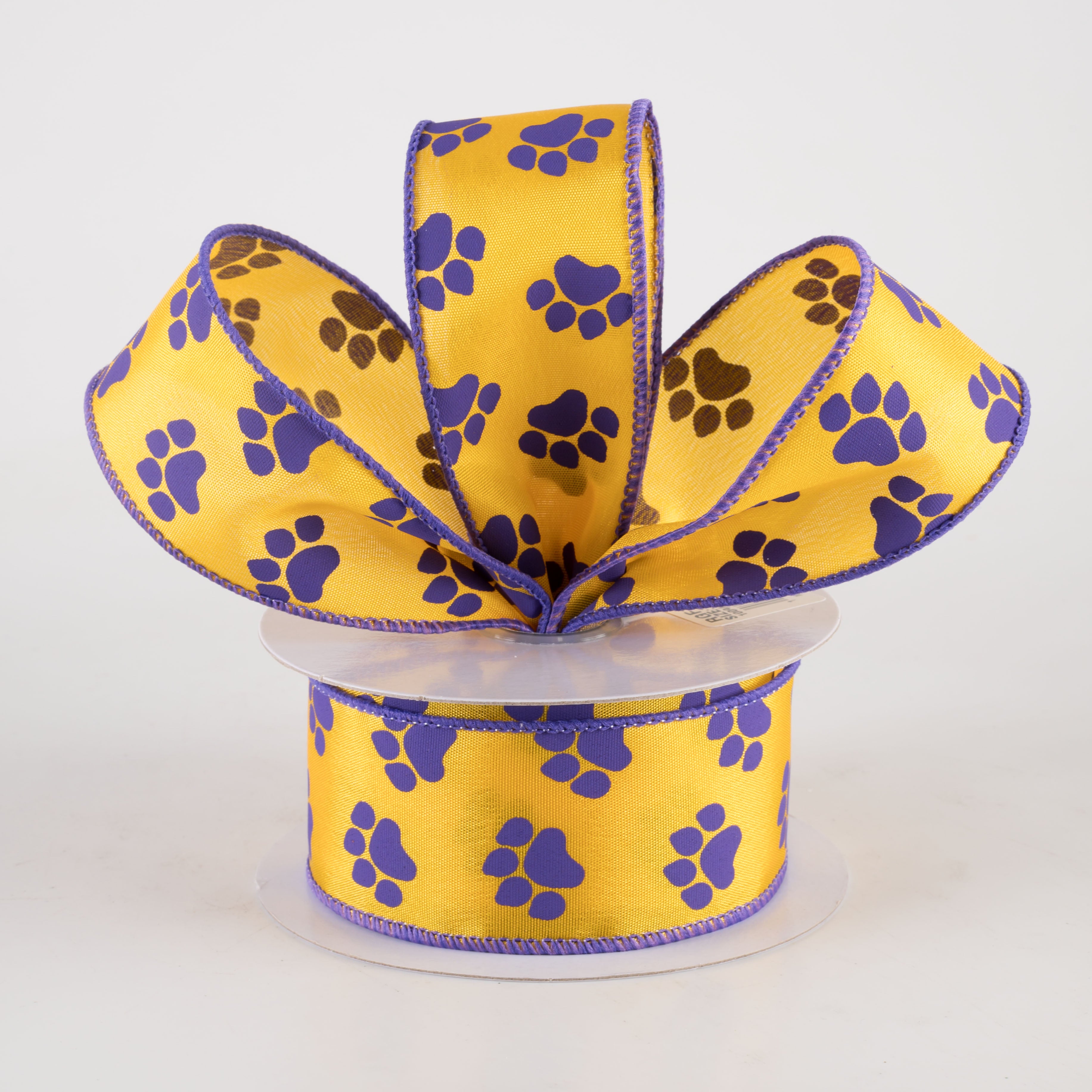 1.5" Paw Prints Ribbon: Purple & Golden Yellow (10 Yards) Lifestyle Photo
