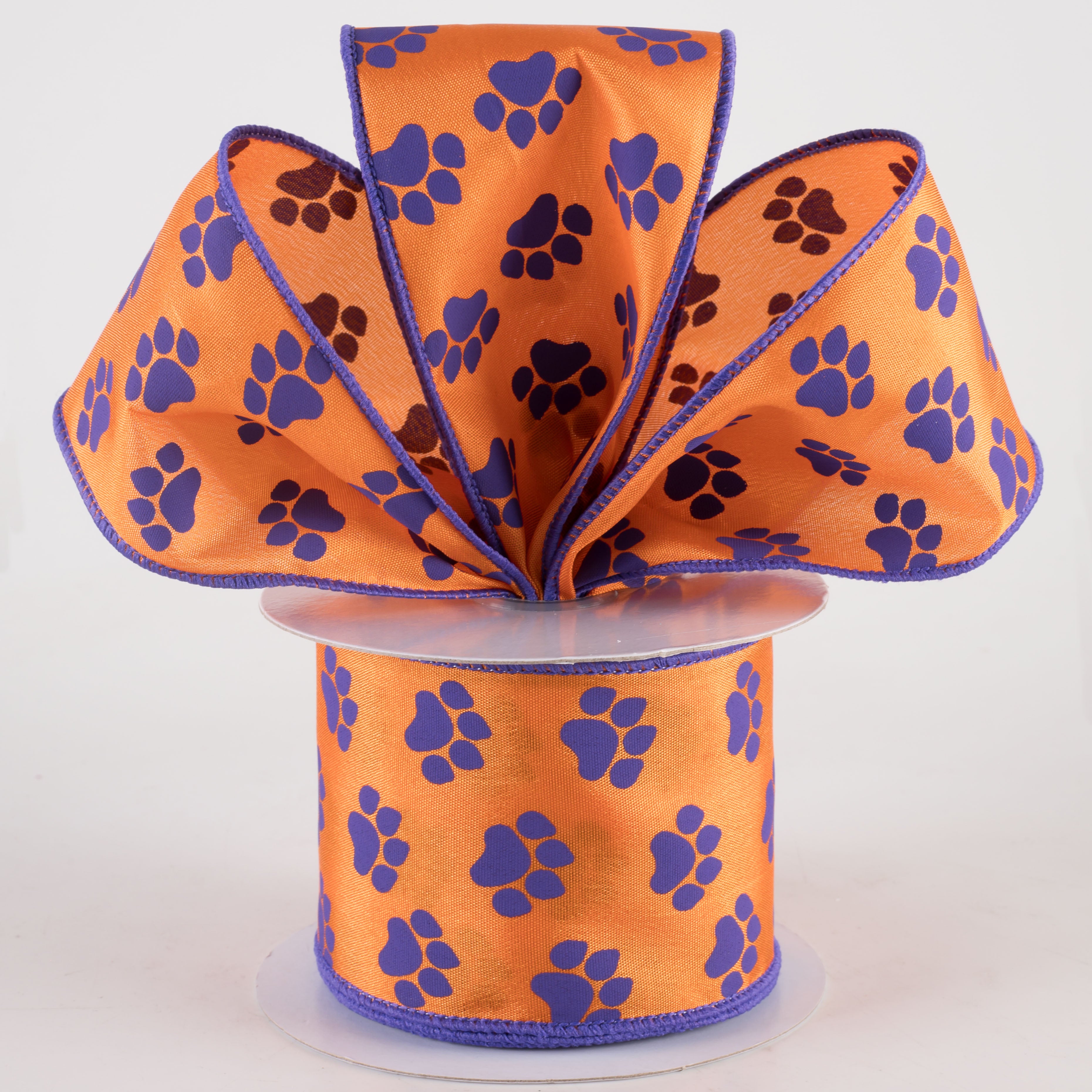 2.5" Paw Prints Ribbon: Purple & Orange (10 Yards) Lifestyle Photo
