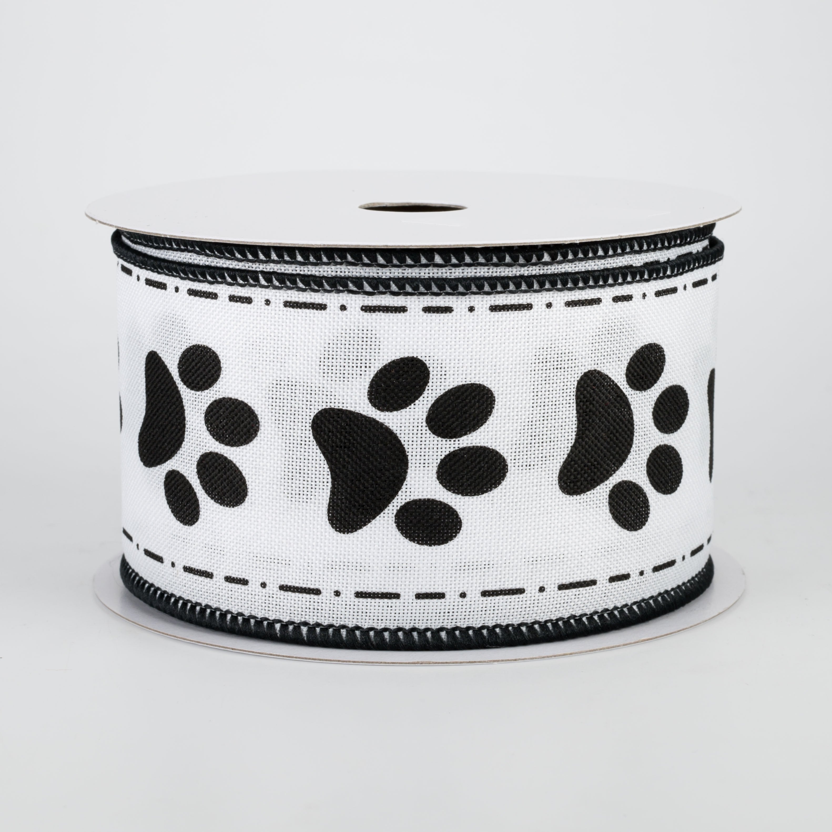 2.5" Paw Prints Ribbon: White & Black (10 Yards)