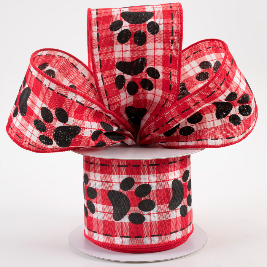 2.5" Paw Prints Woven Plaid Ribbon: Red, White, Black (10 Yards) Lifestyle Photo