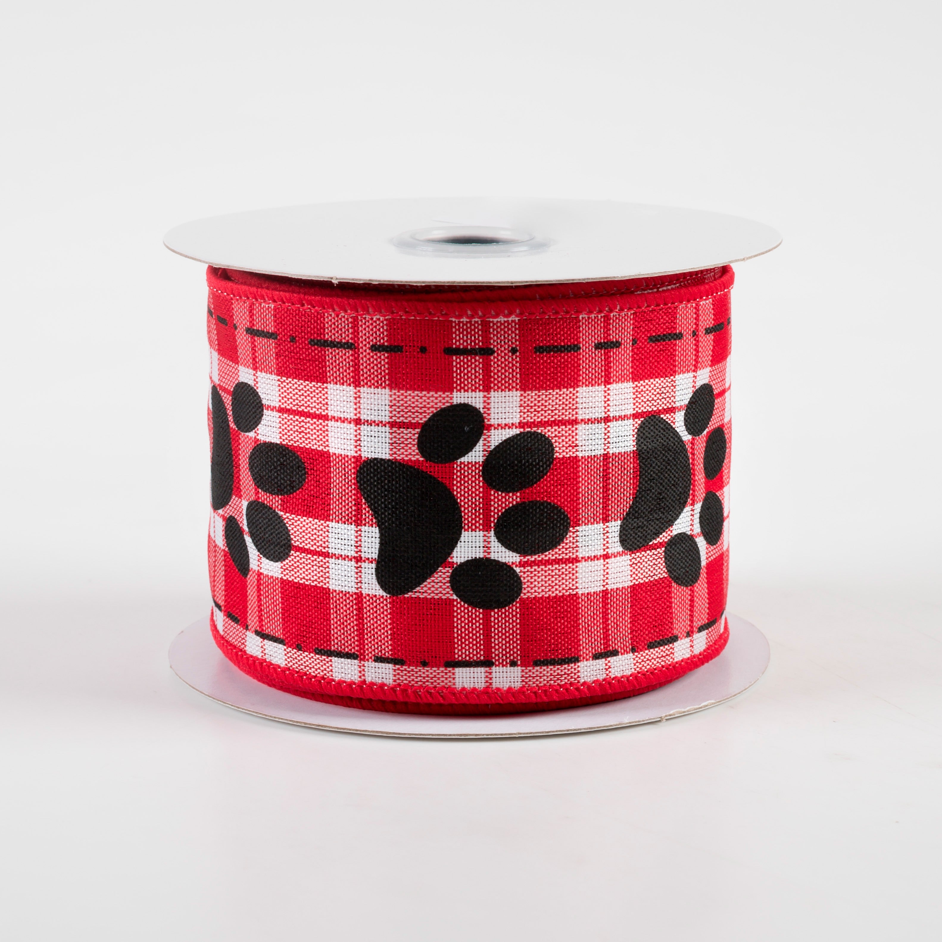 2.5" Paw Prints Woven Plaid Ribbon: Red, White, Black (10 Yards)