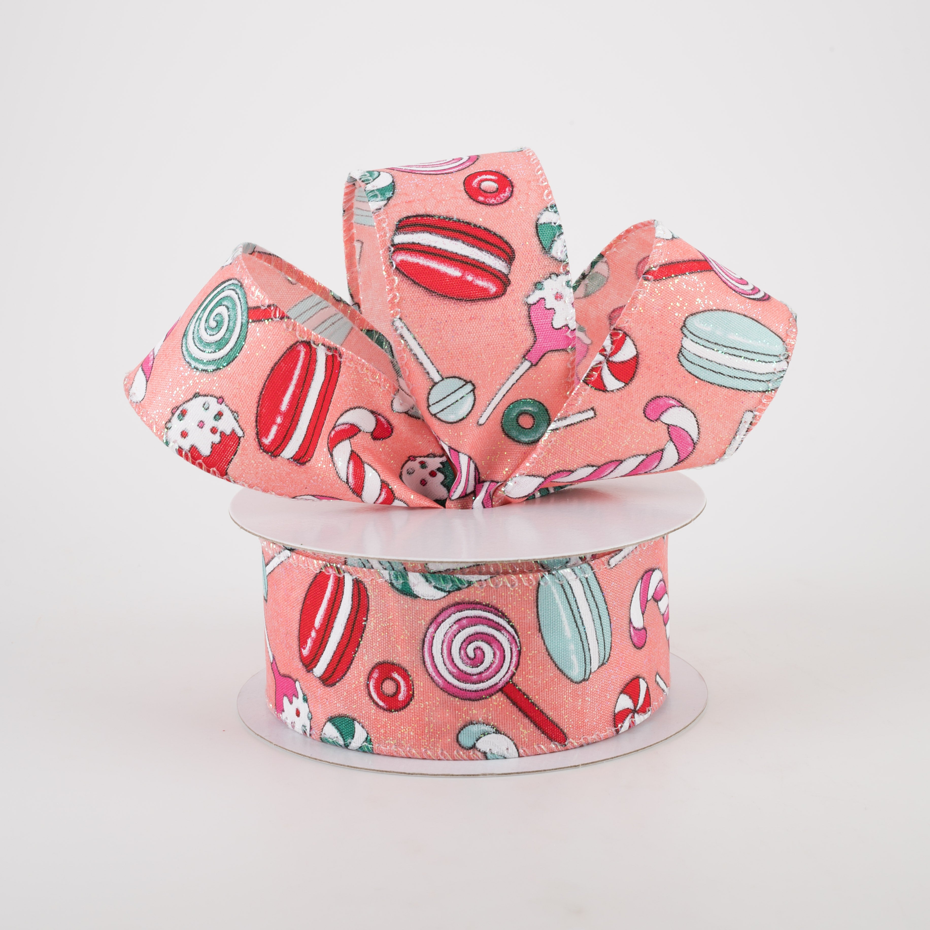 1.5" Peach Glitter Satin Christmas Treats Ribbon (10 Yards) Lifestyle Photo