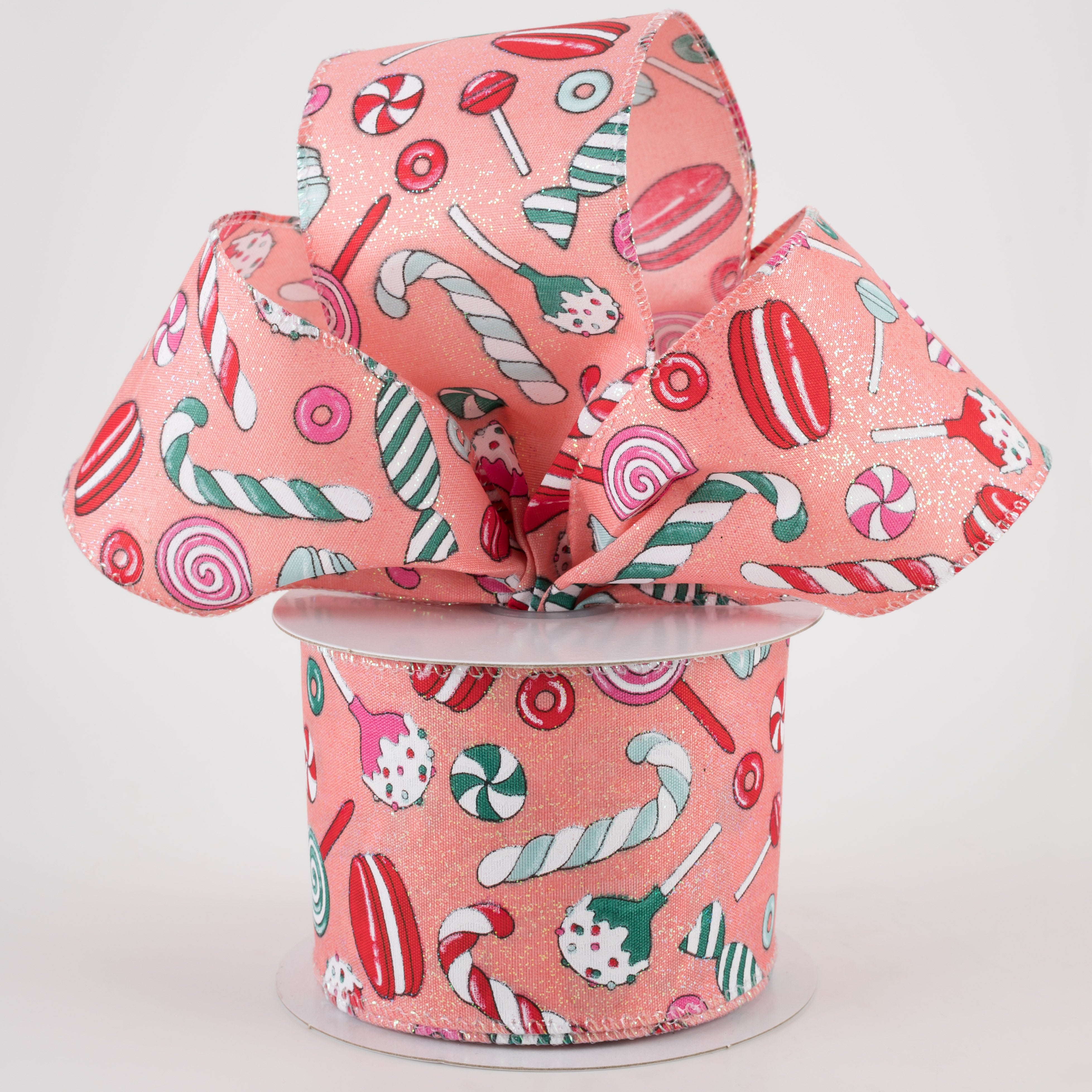 2.5" Peach Glitter Satin Christmas Treats Ribbon (10 Yards) Lifestyle Photo