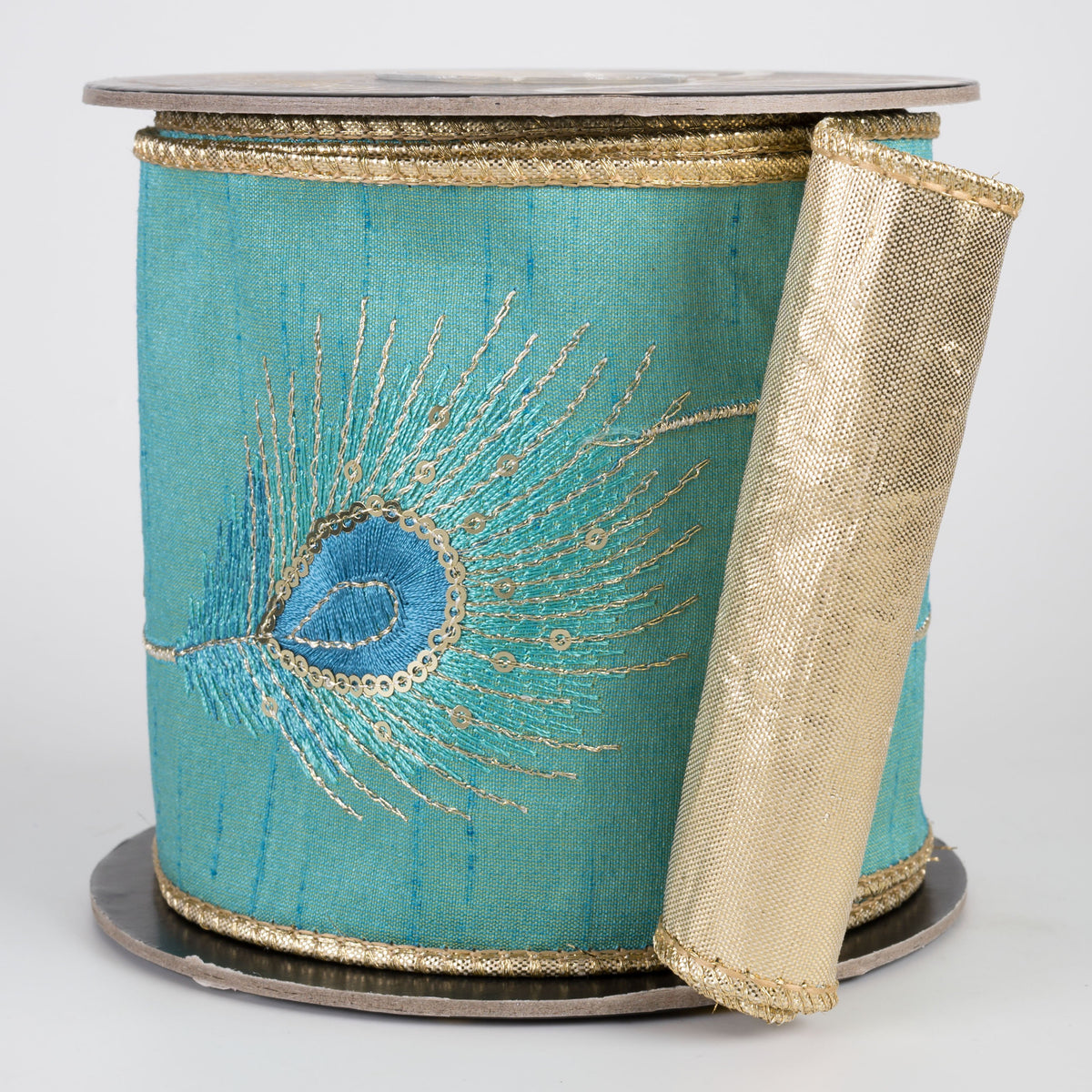 4" Peacock Feather Sequin Embroidered Dupioni & Metallic Dupioni Fused Ribbon: Teal & Gold (5 Yards) Item Number: RR0080