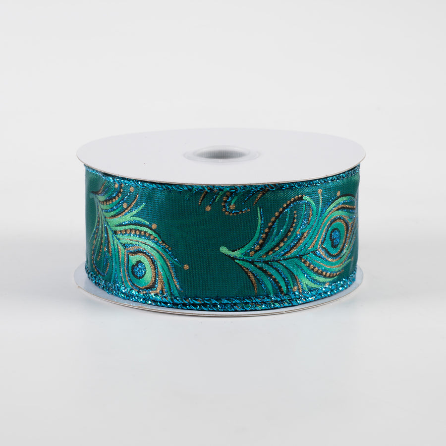1.5" Peacock Metallic Feathers Ribbon (10 Yards)