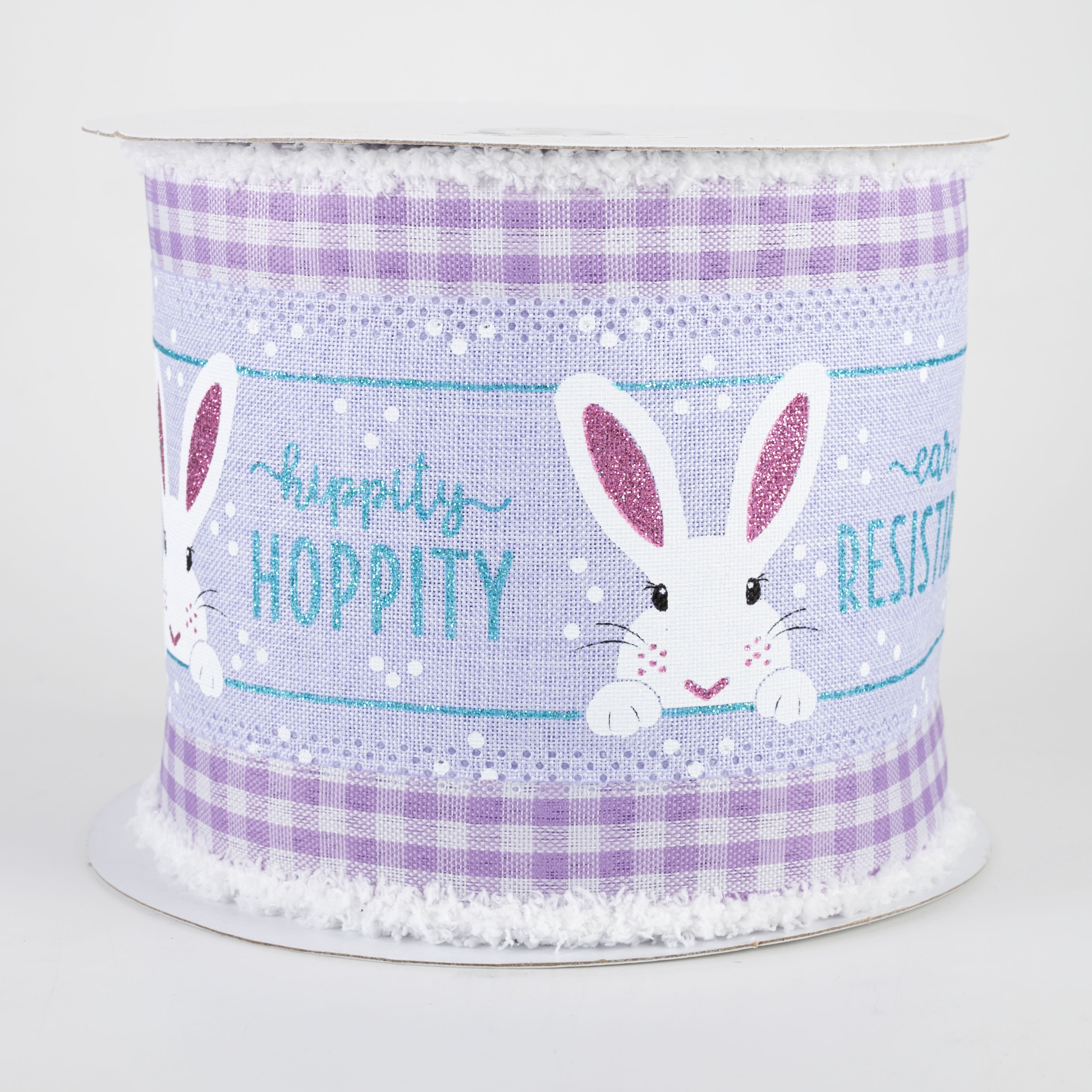 4" Peeking Bunny Check Fuzzy Edge Ribbon: Lavender (10 Yards)