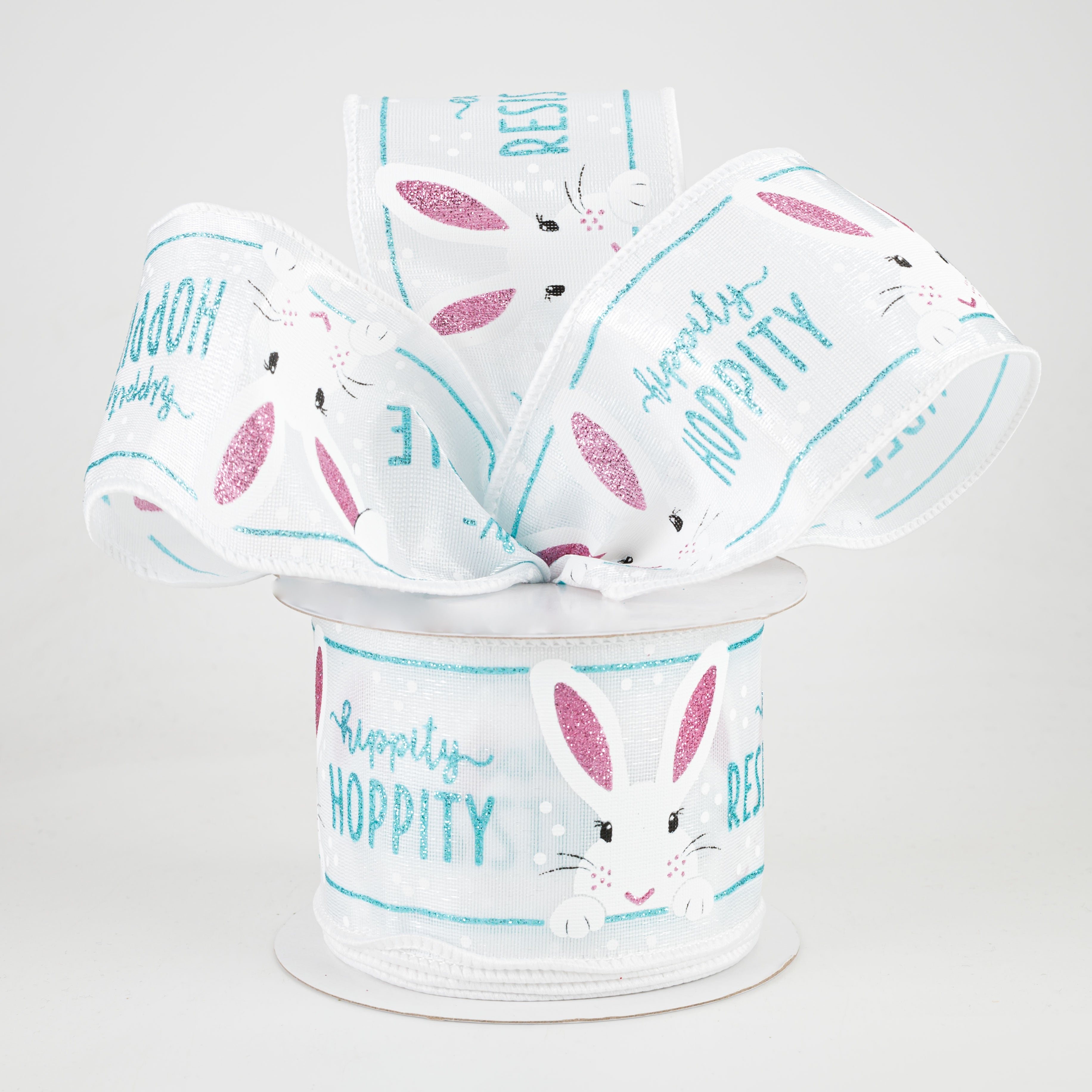 2.5" Peeking Bunny Ribbon: White, Robbin's Egg Blue, Pink (10 Yards) Lifestyle Photo