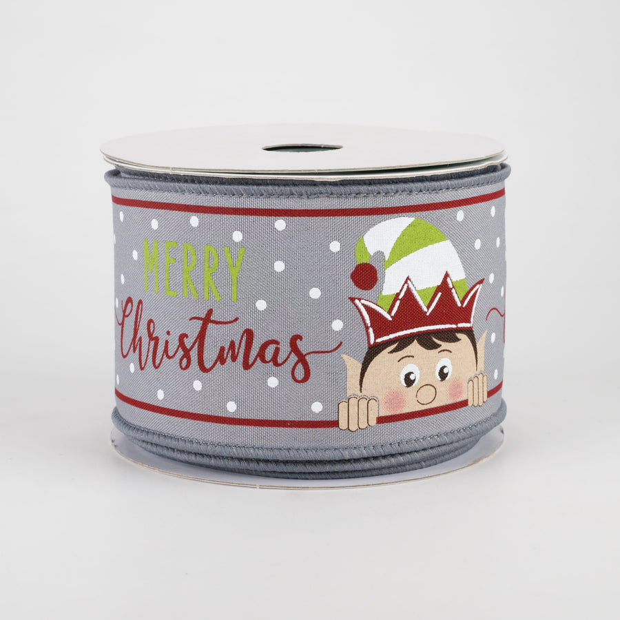 2.5" Peeking Elf Ribbon: Grey (10 Yards)