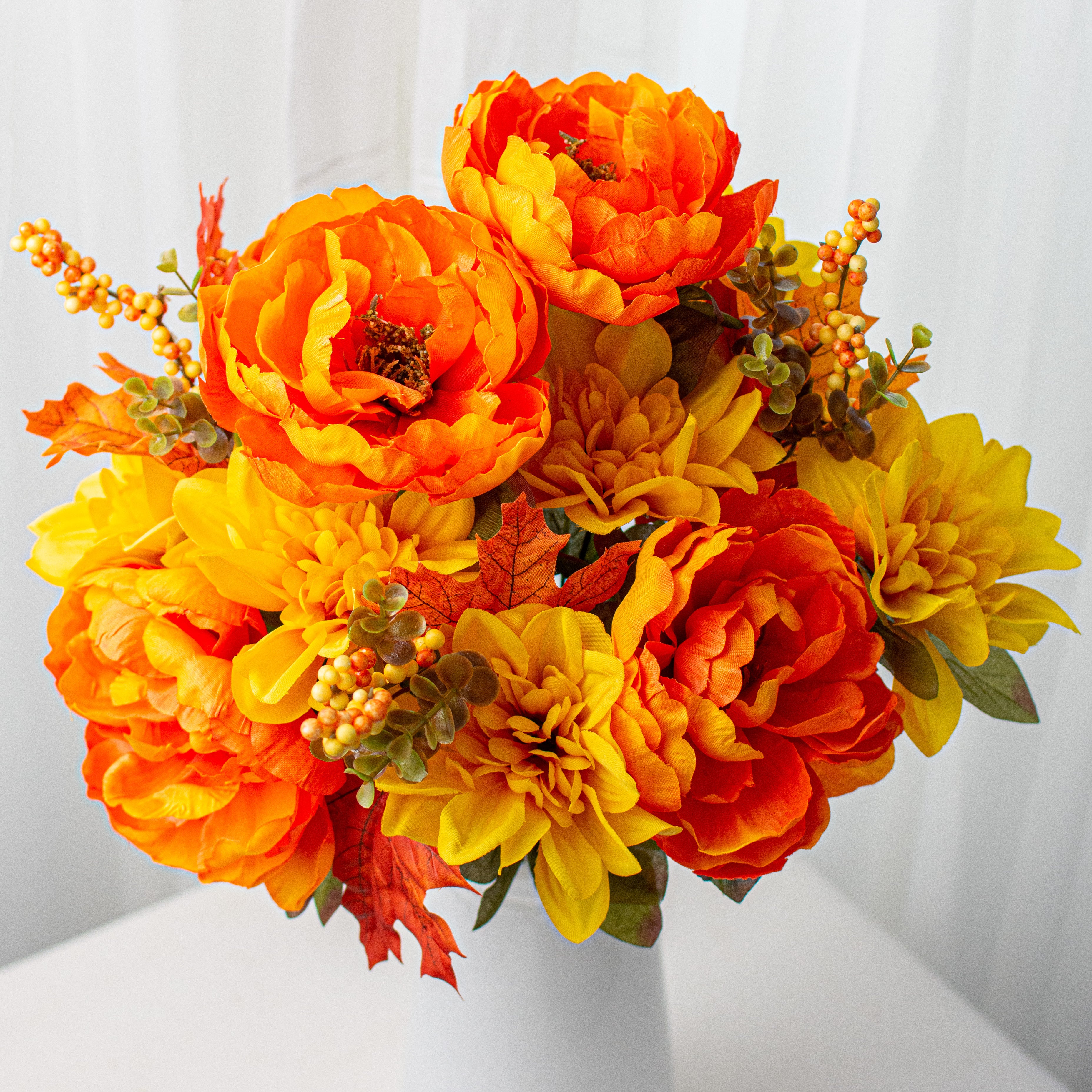 22" Peony Dahlia Bush: Orange & Yellow (14 Stem)
