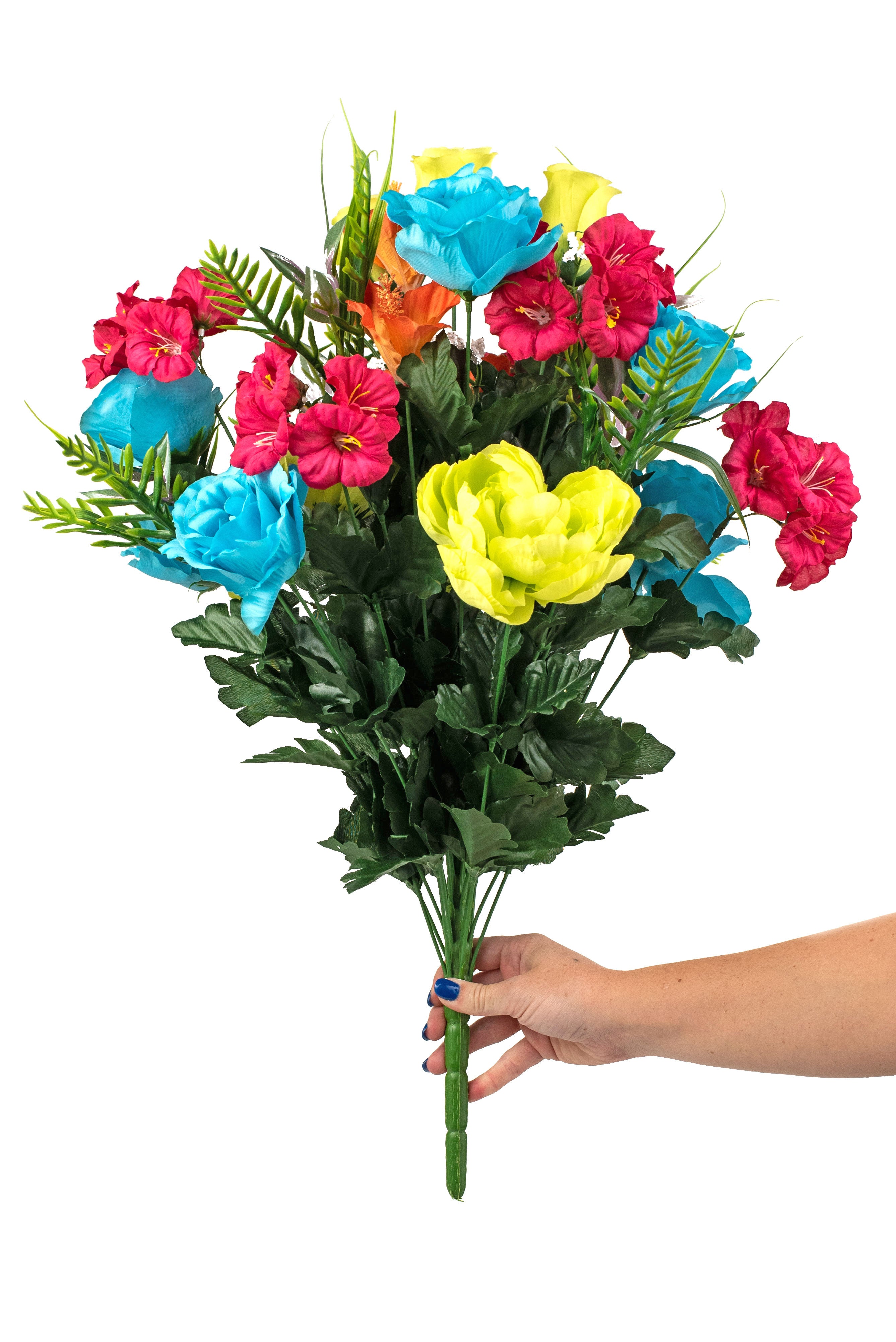 27" Peony, Rose Bud, Petunia, Hibiscus Bush: Aqua, Lime, Fuchsia detail photo 3