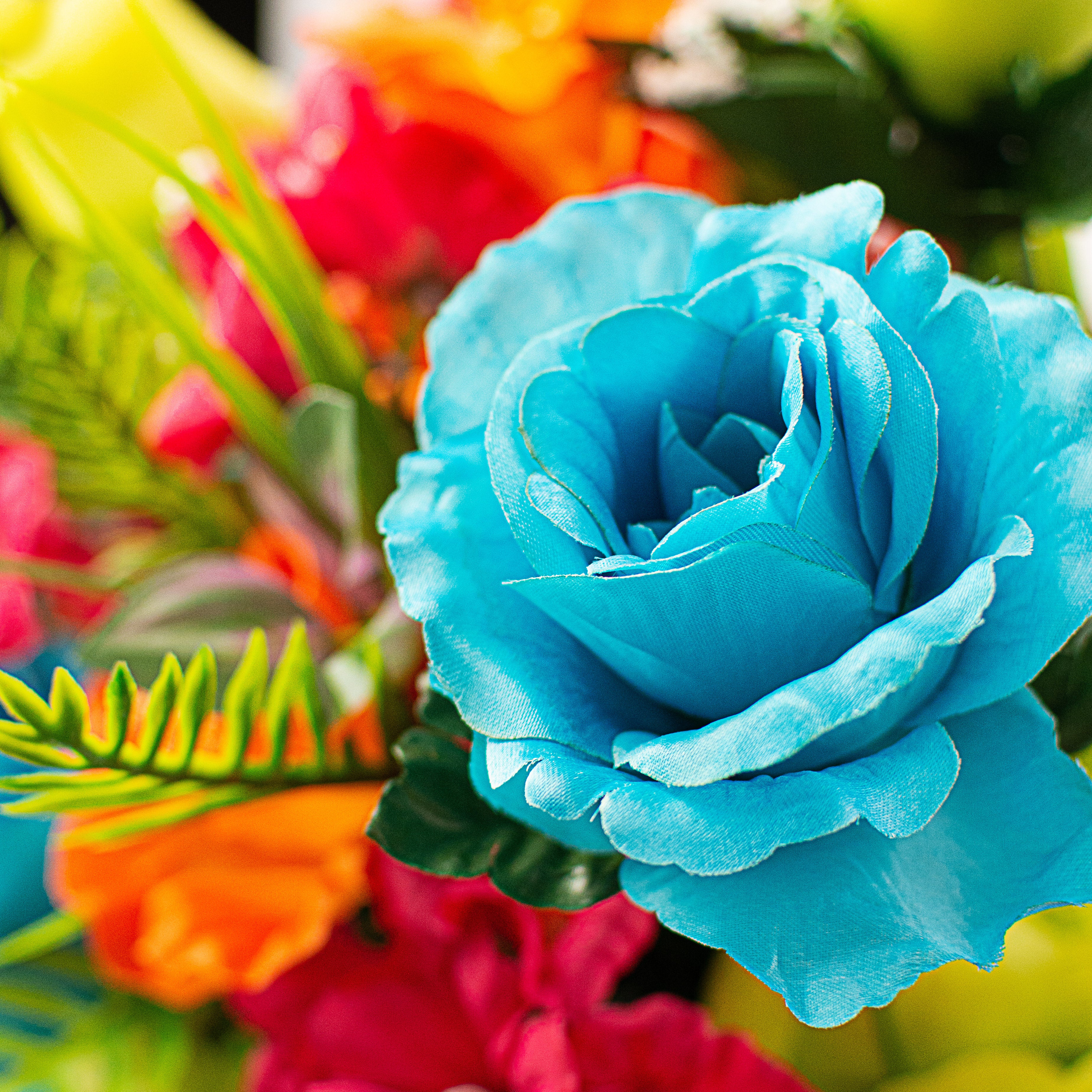 27" Peony, Rose Bud, Petunia, Hibiscus Bush: Aqua, Lime, Fuchsia detail photo 5