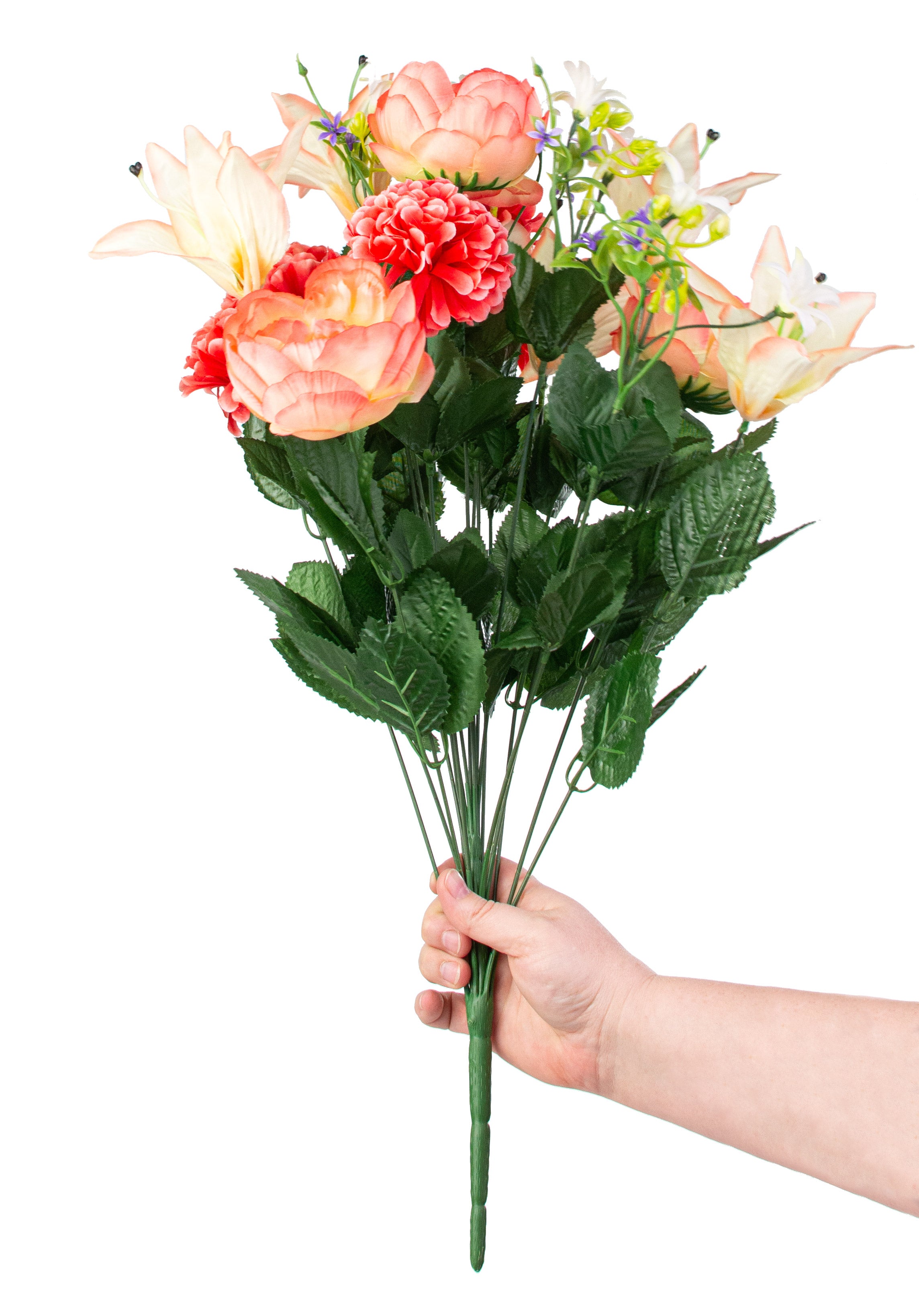 23" Peony, Tiger Lily, Zinnia Bush: Coral detail photo 3