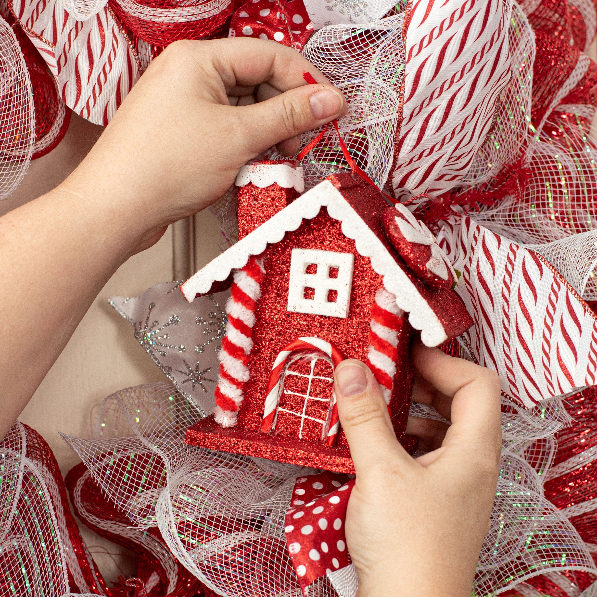 5" Peppermint Gingerbread House Ornament: Red Lifestyle Photo
