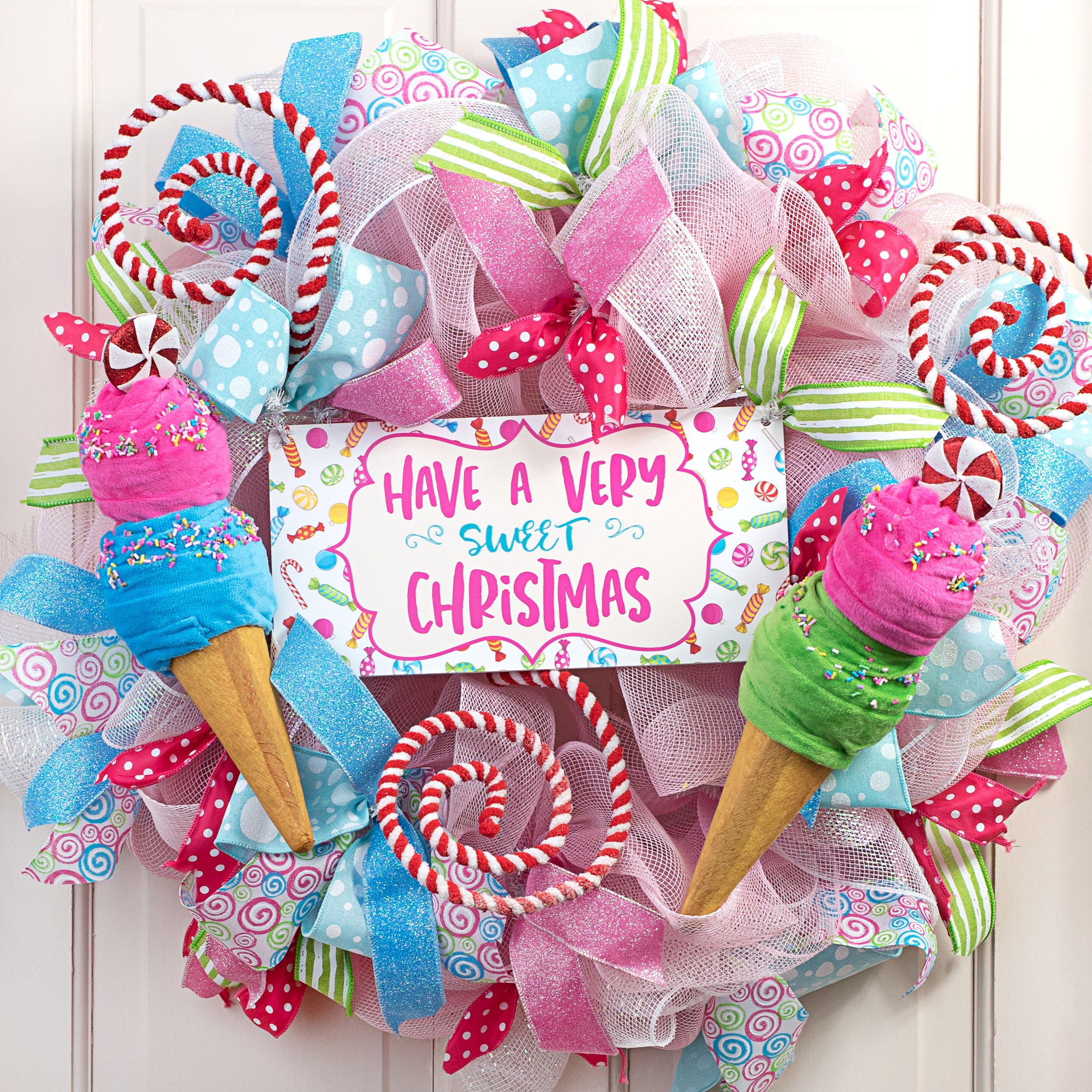12" Peppermint Ice Cream Ornament: Green & Pink Lifestyle Photo