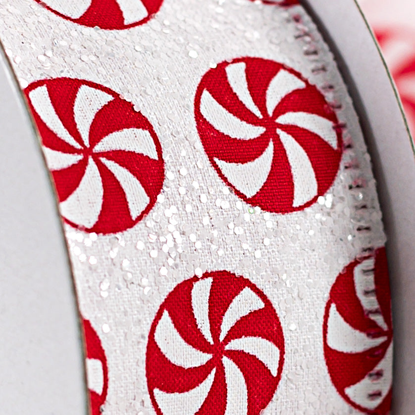 1.5" Peppermints White Glitter Satin Ribbon (10 Yards) detail photo 3