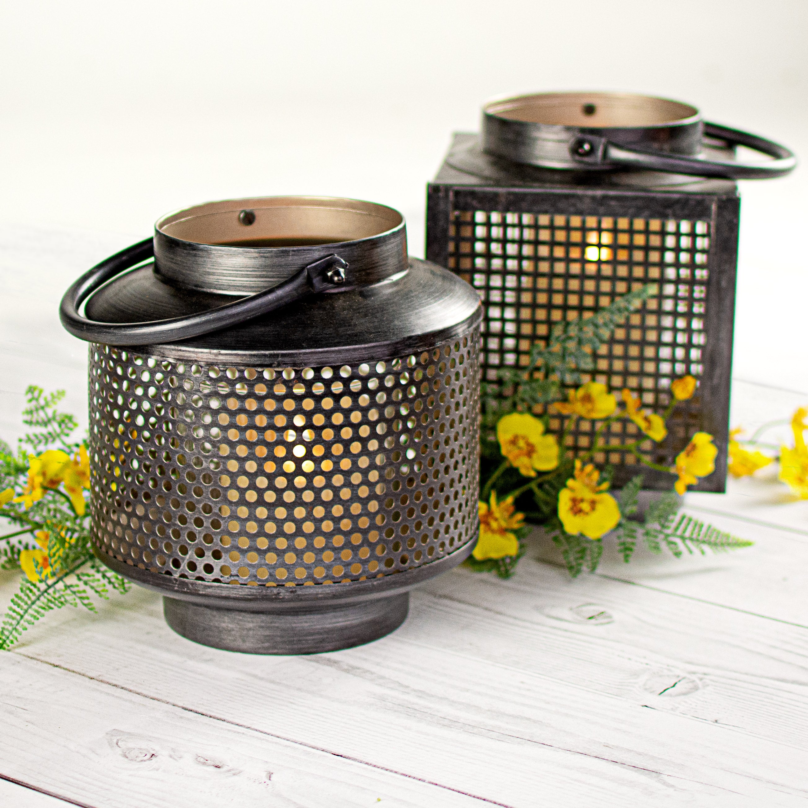 7.75" Pewter Tin Lantern: Round Lifestyle Photo