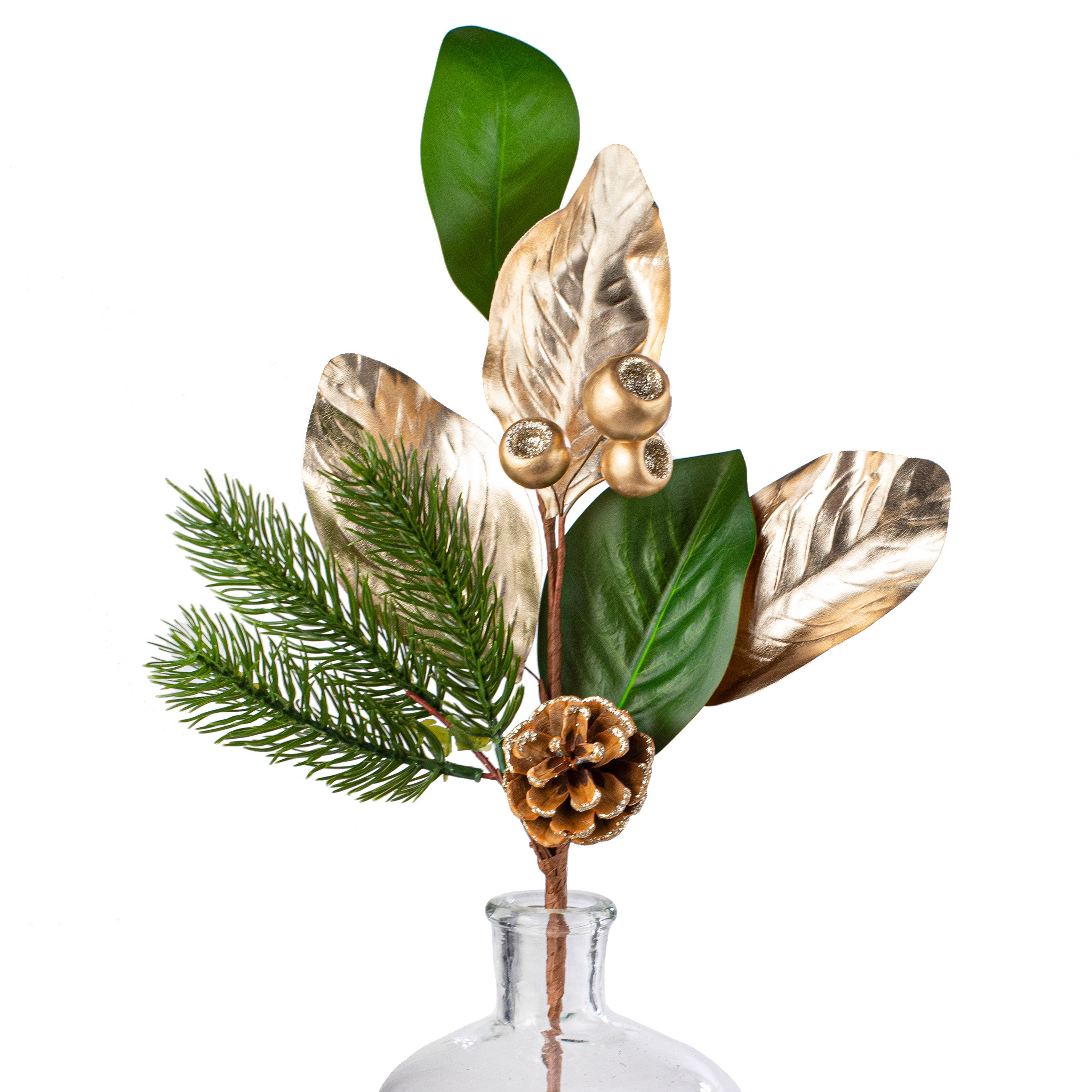 20" Pine, Pinecones & Gold Magnolia Spray Item Number: 30712