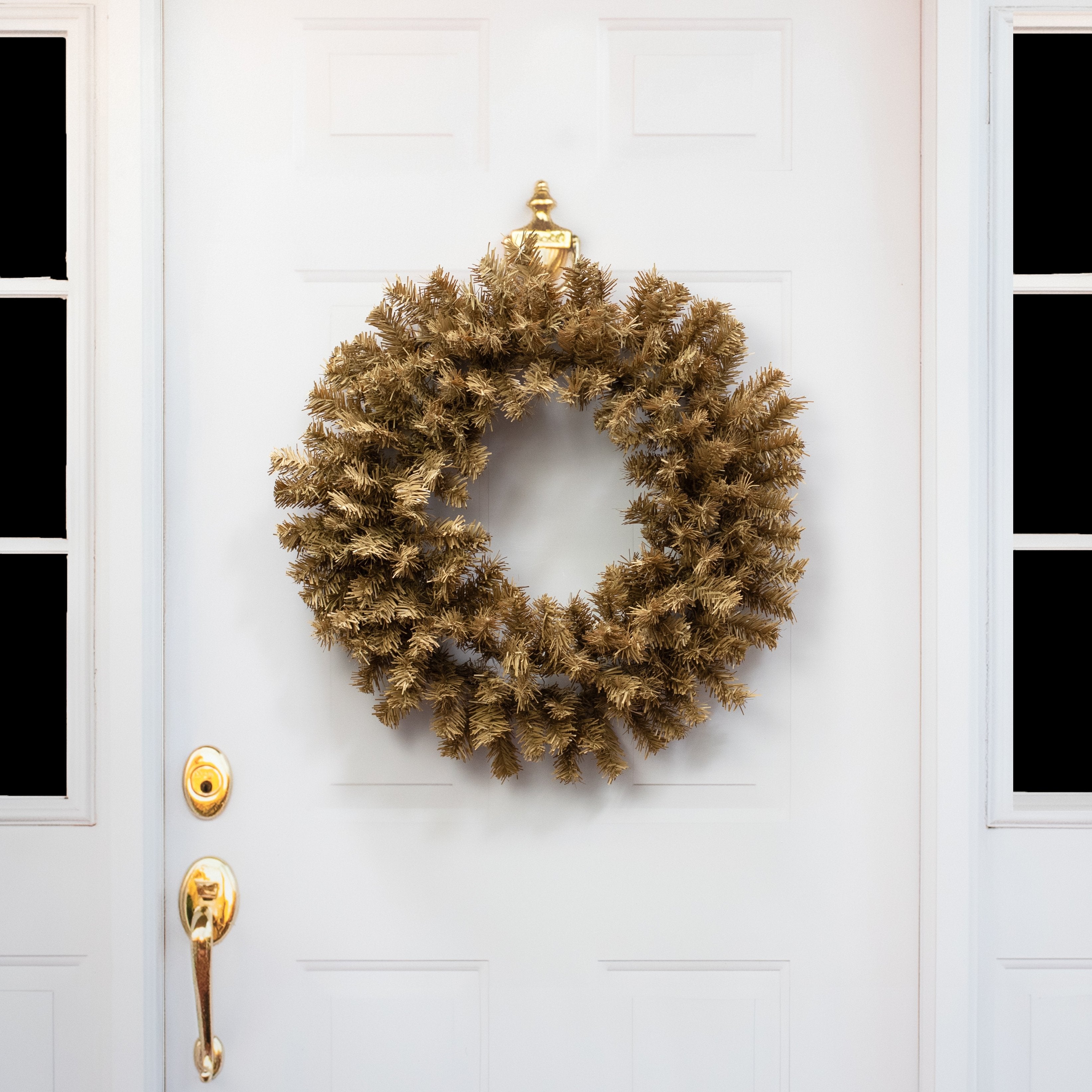 24" Pine PVC Wreath: Burlap Tan (180 Tips) Lifestyle Photo