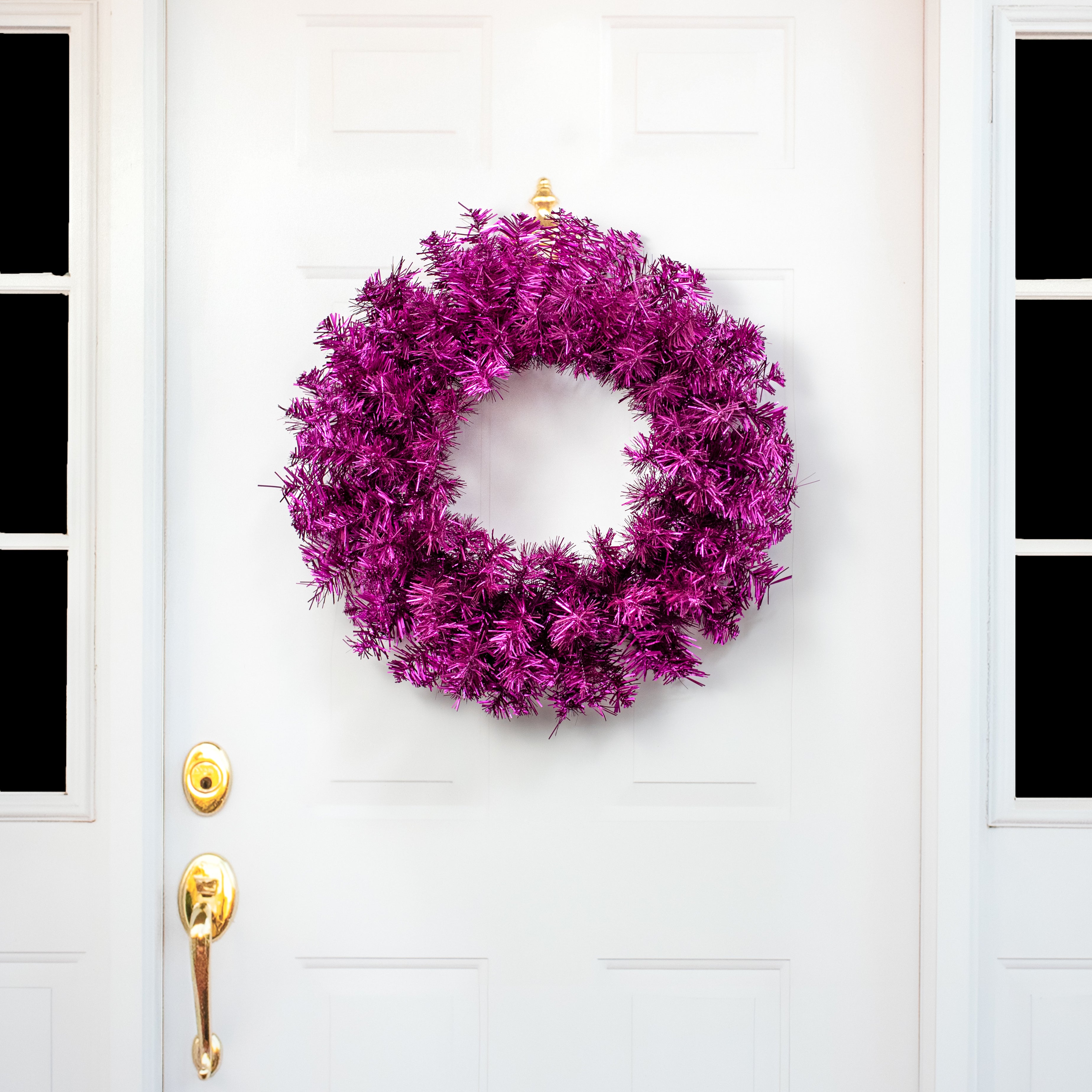 24" Pine Tinsel Wreath: Metallic Purple Lifestyle Photo