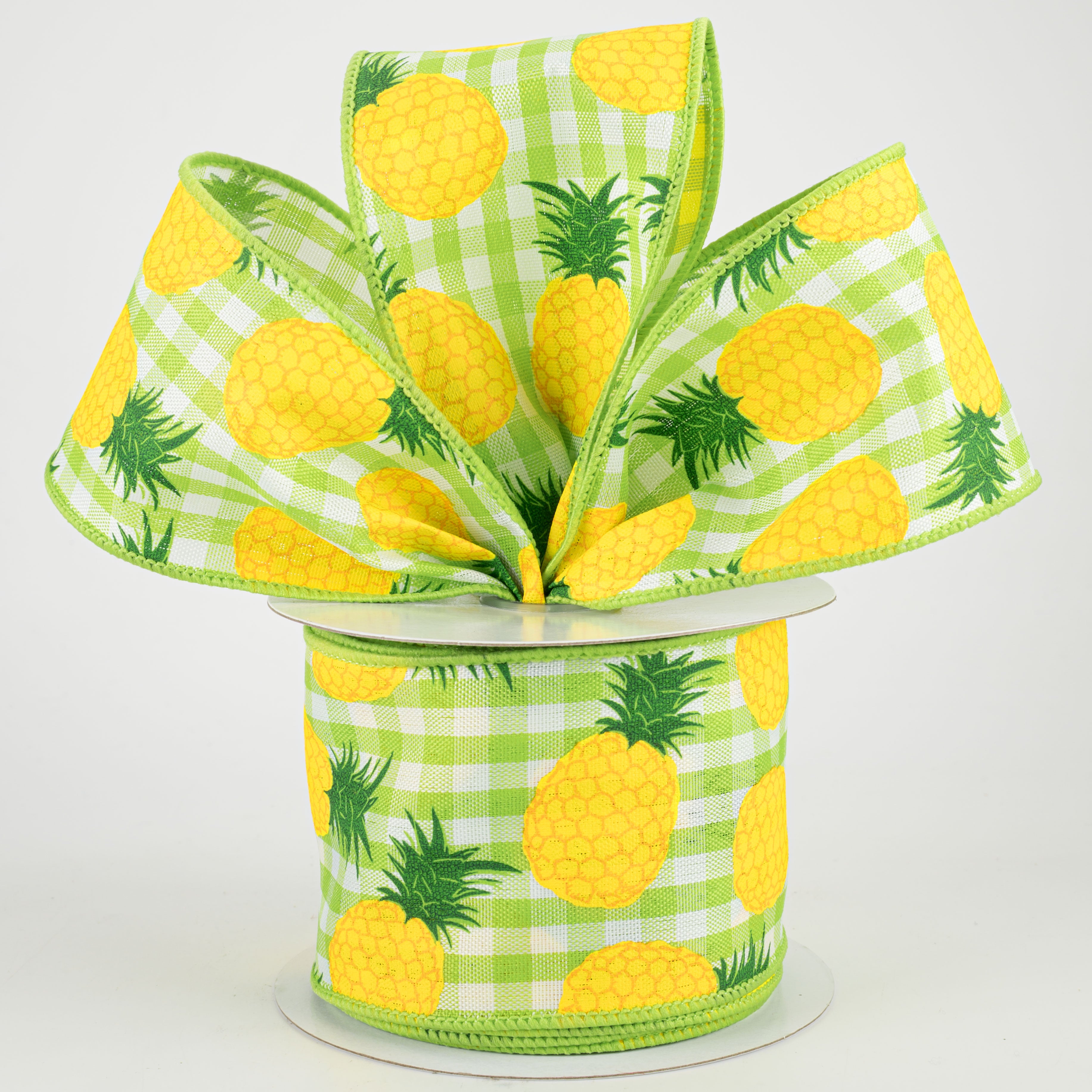 2.5" Pineapples On Check Ribbon: Green, White, Yellow (10 Yards) Lifestyle Photo