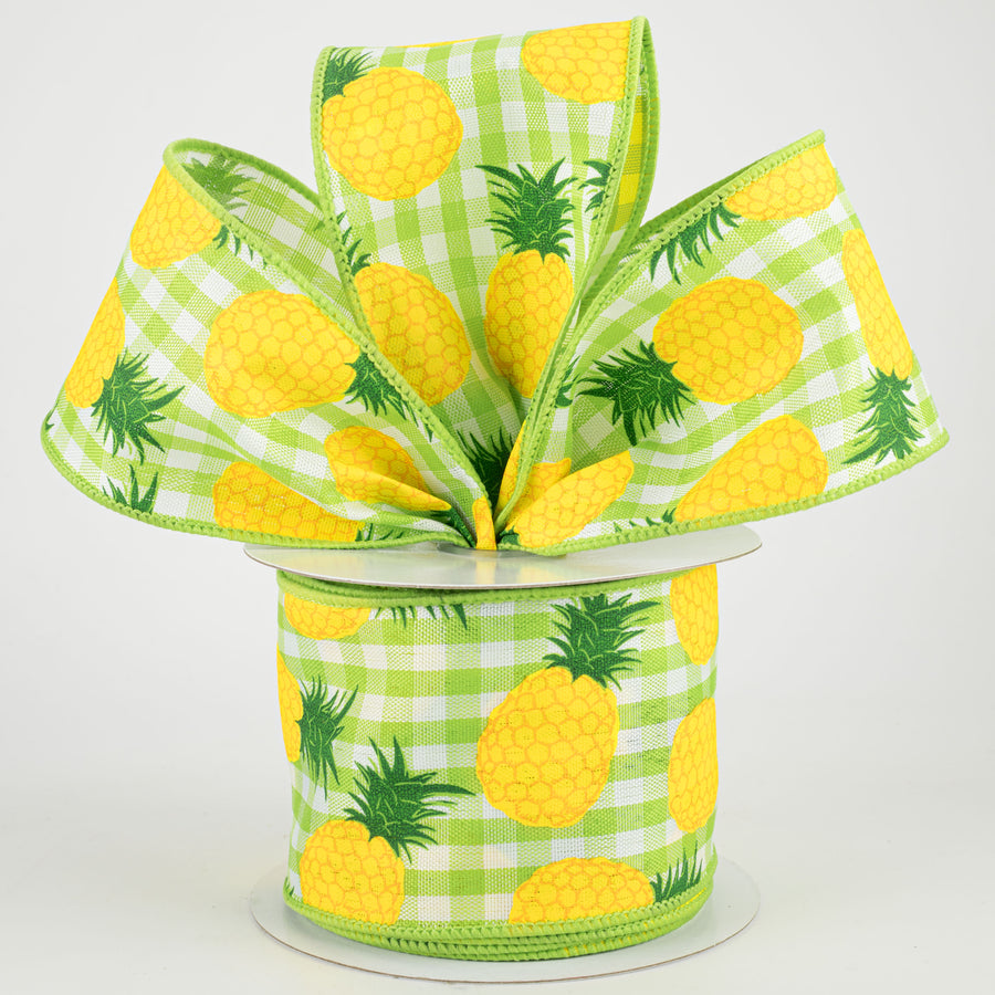 2.5" Pineapples On Check Ribbon: Green, White, Yellow (10 Yards) Lifestyle Photo