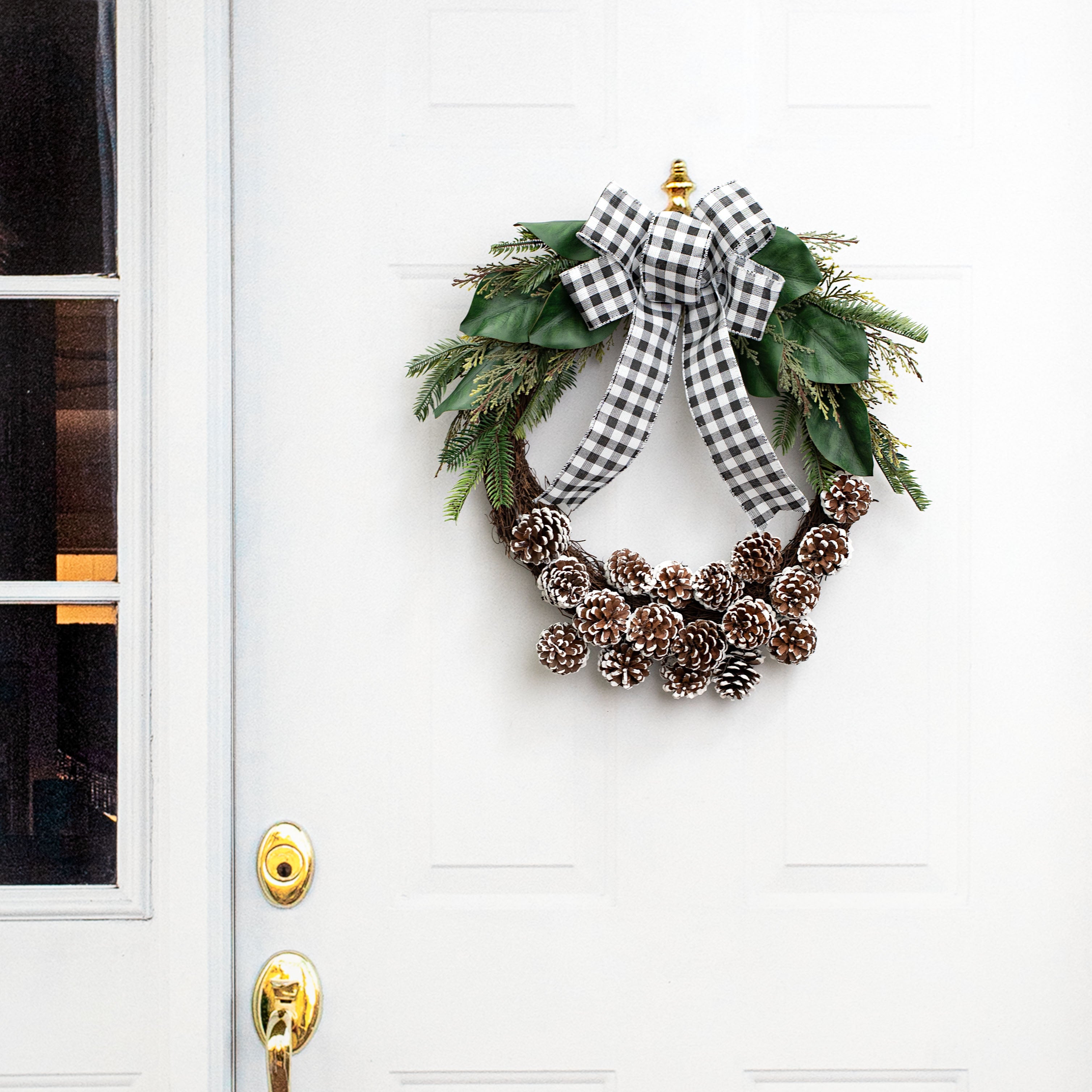 24" Pinecone Wreath With Gingham Bow Lifestyle Photo