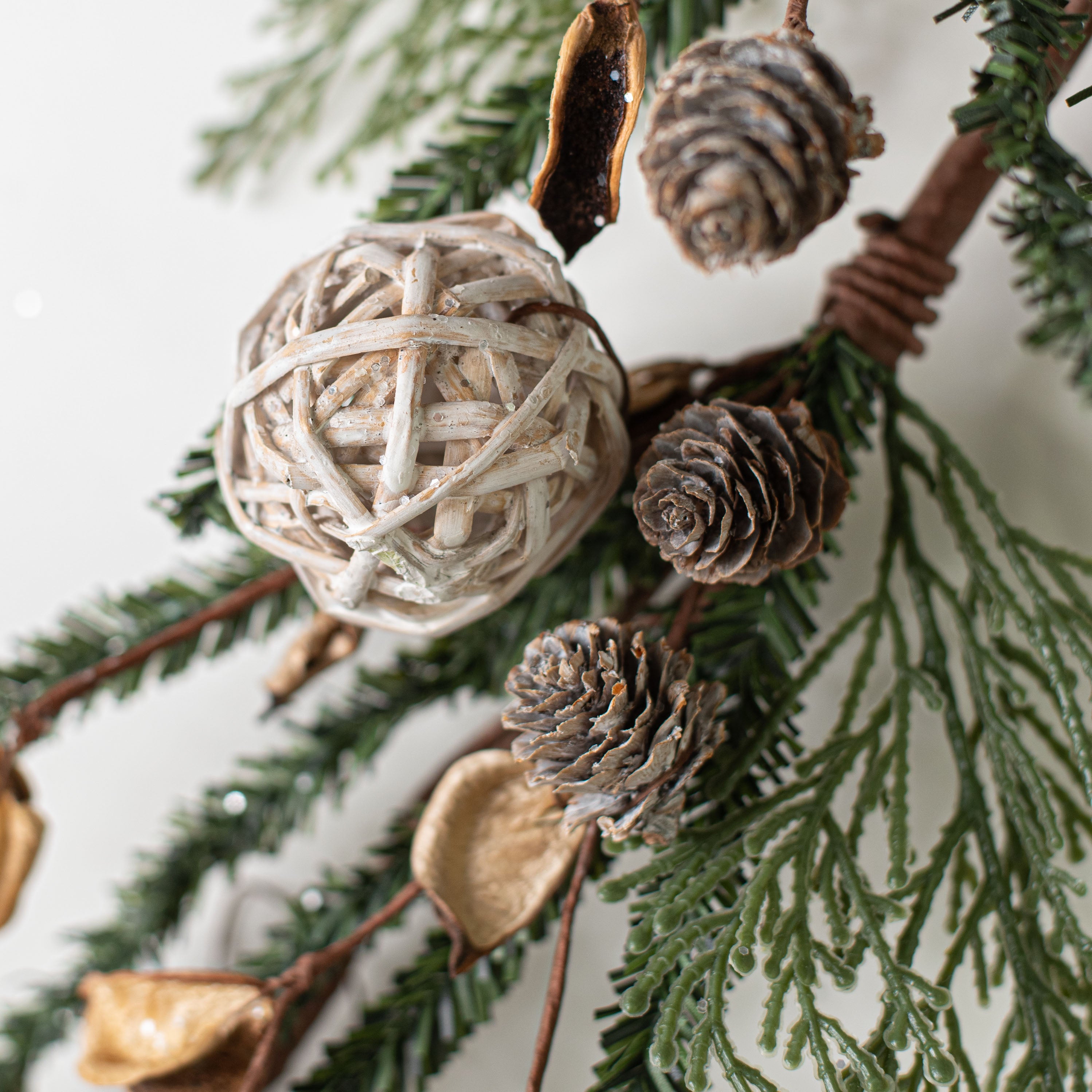 4' Pines Mix with Rattan Ball and Birch Cones Garland detail photo 3