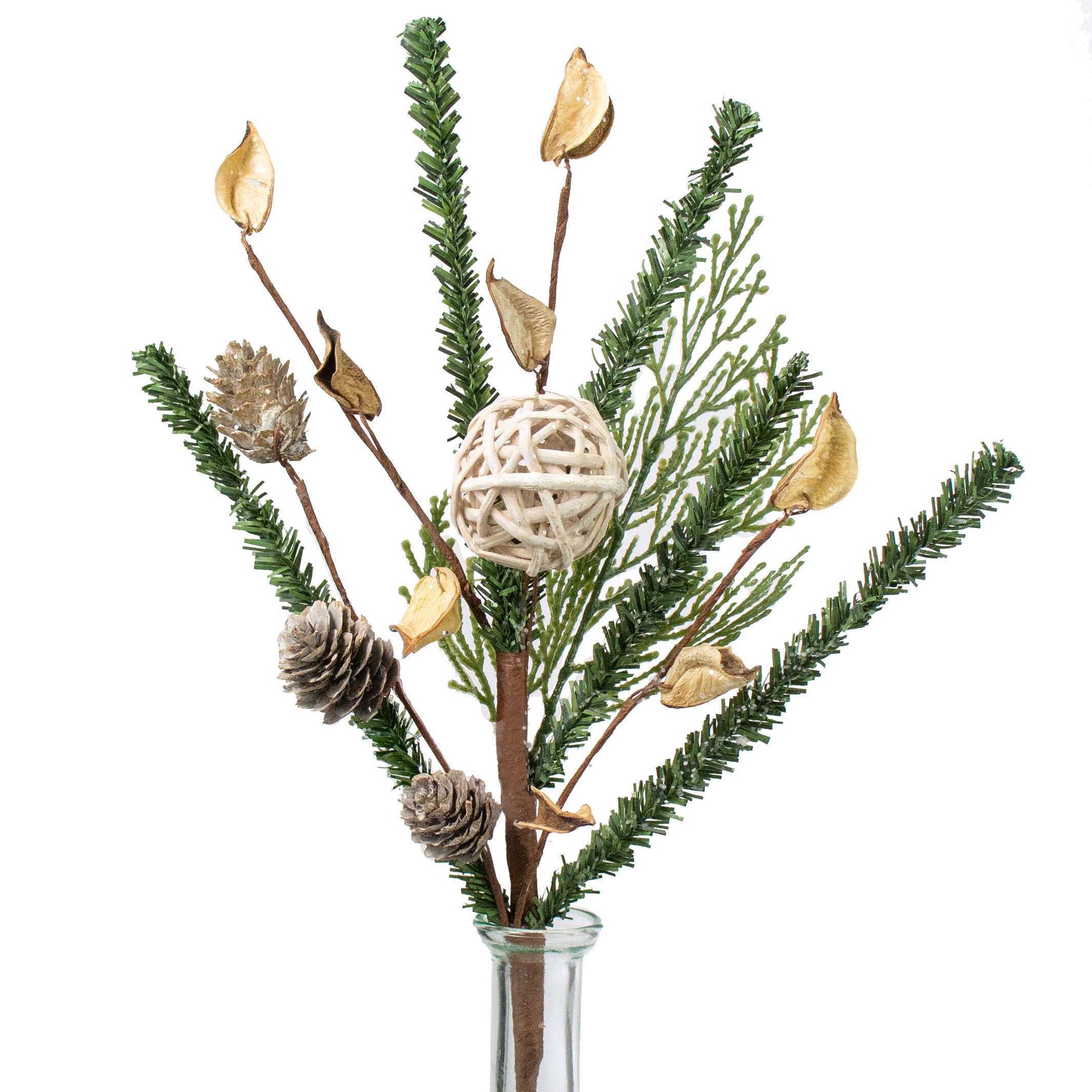 14" Pines with Rattan Ball and Birch Cones Pick Item Number: 30855