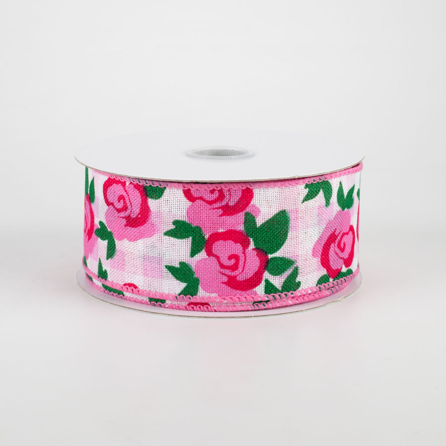 1.5" Pink Roses on Pink & White Gingham Ribbon (10 Yards)