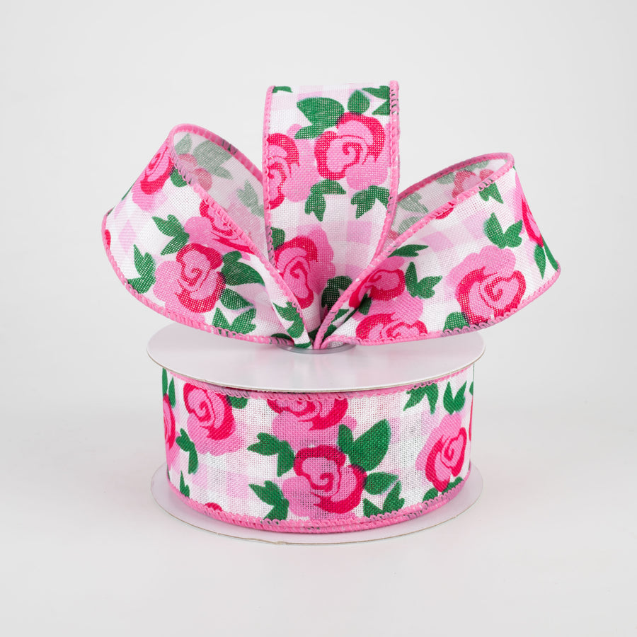 1.5" Pink Roses on Pink & White Gingham Ribbon (10 Yards) Lifestyle Photo