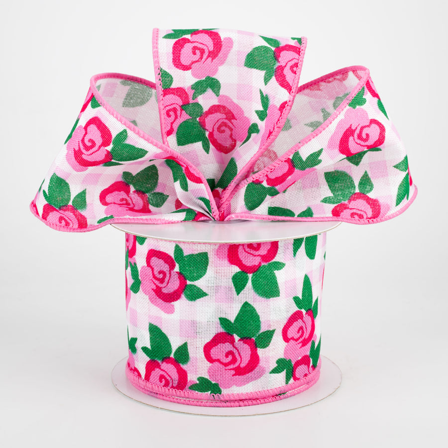 2.5" Pink Roses on Pink & White Gingham Ribbon (10 Yards) Lifestyle Photo