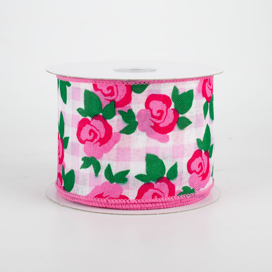 2.5" Pink Roses on Pink & White Gingham Ribbon (10 Yards)