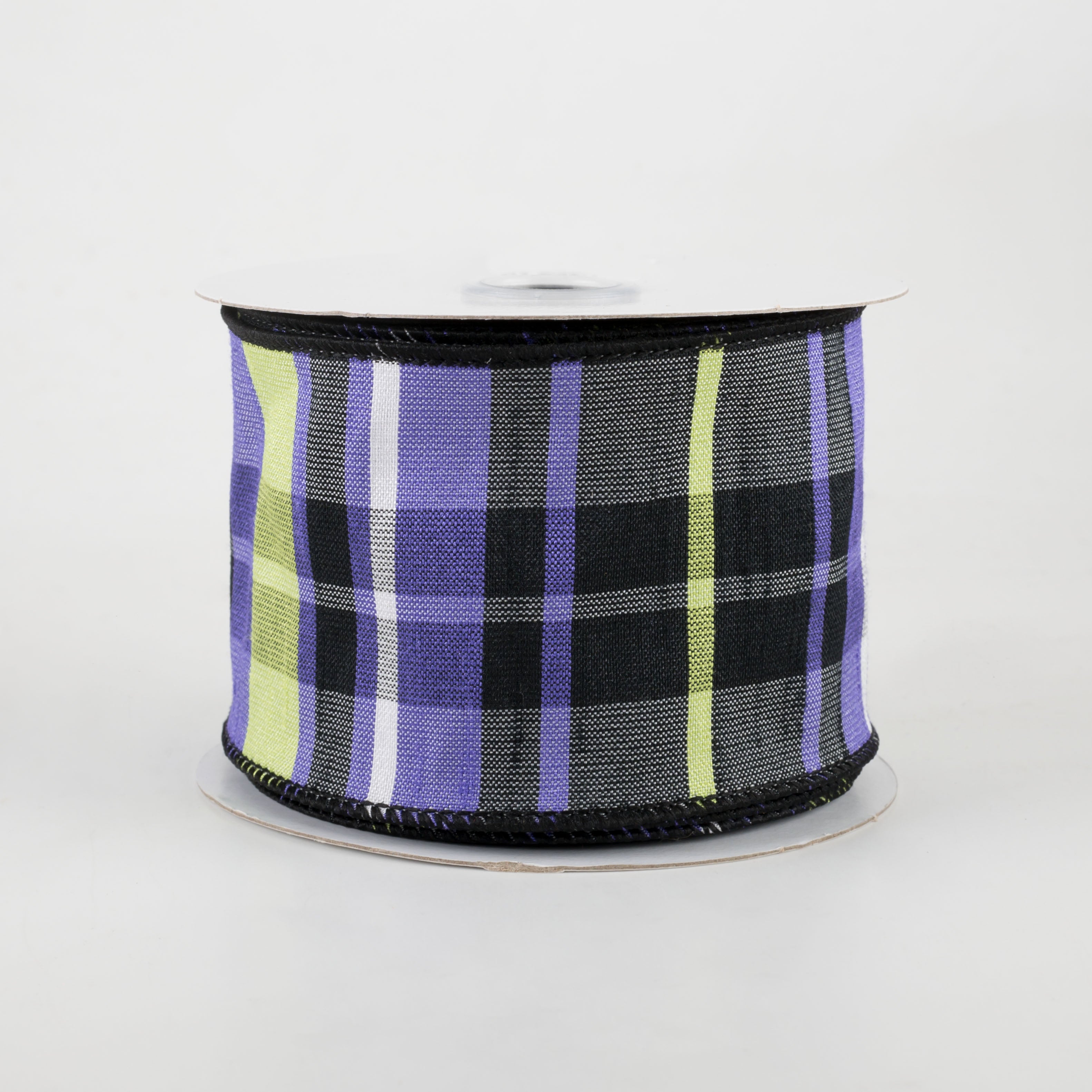 2.5" Plaid Faux Dupioni Ribbon: Black, Purple, Lime, White (10 Yards)