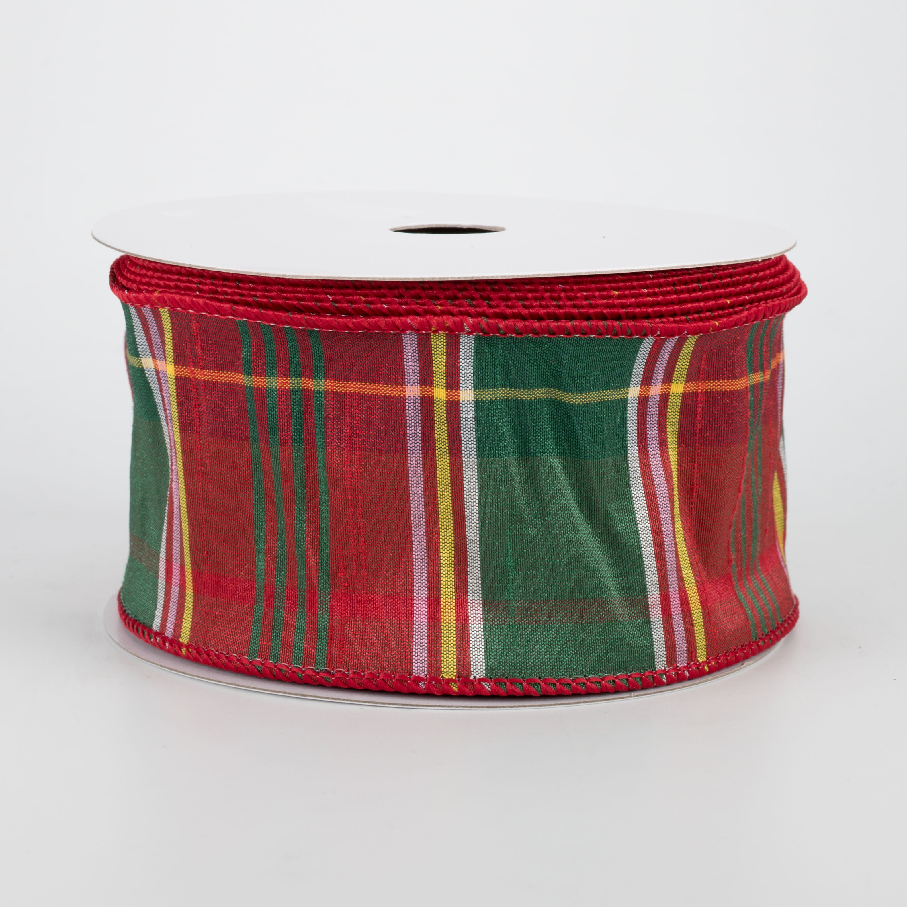 2.5" Plaid Faux Dupioni Ribbon: Emerald, Red, Yellow (10 Yards)