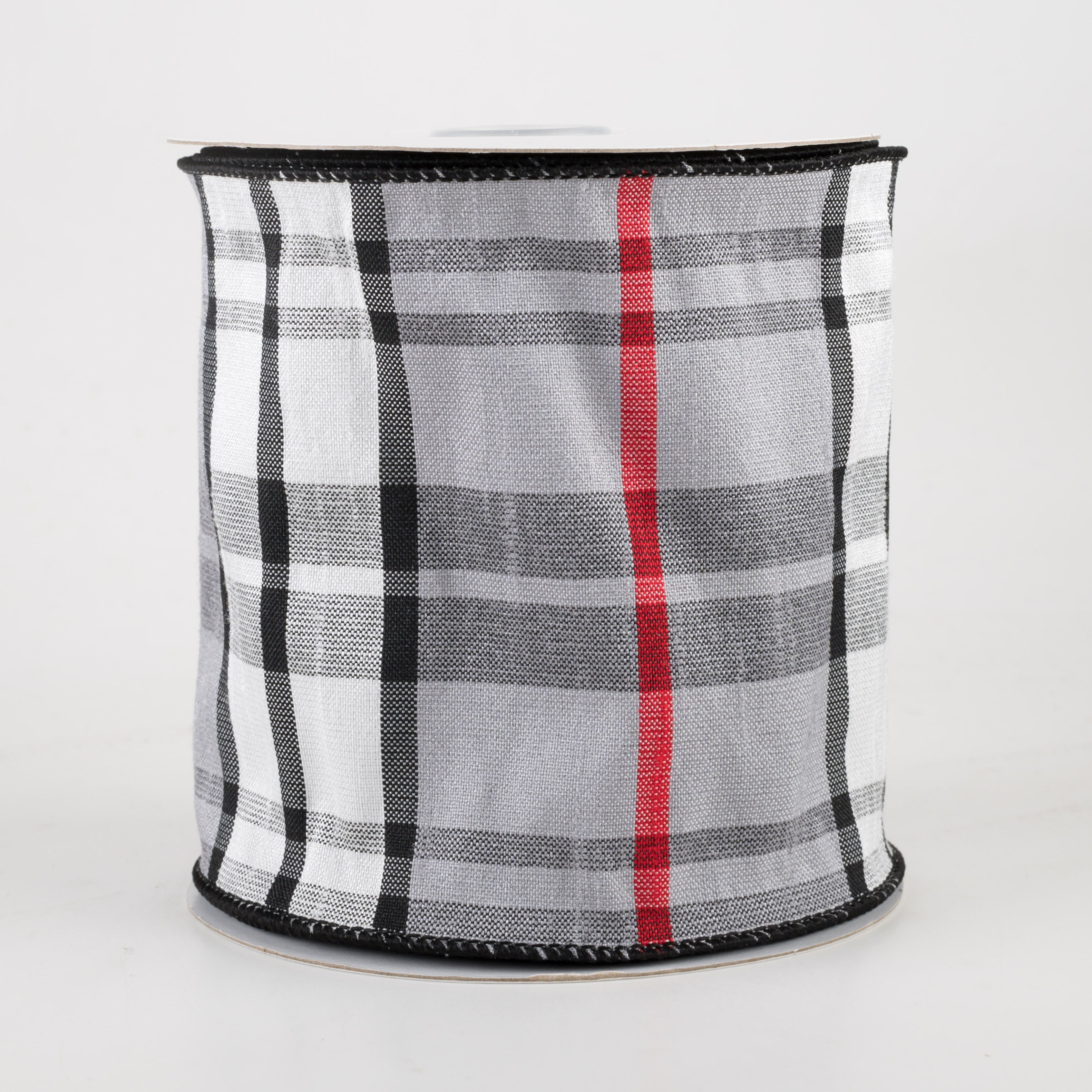 4" Plaid Faux Dupioni Ribbon: Grey, White, Black, Red (10 Yards)