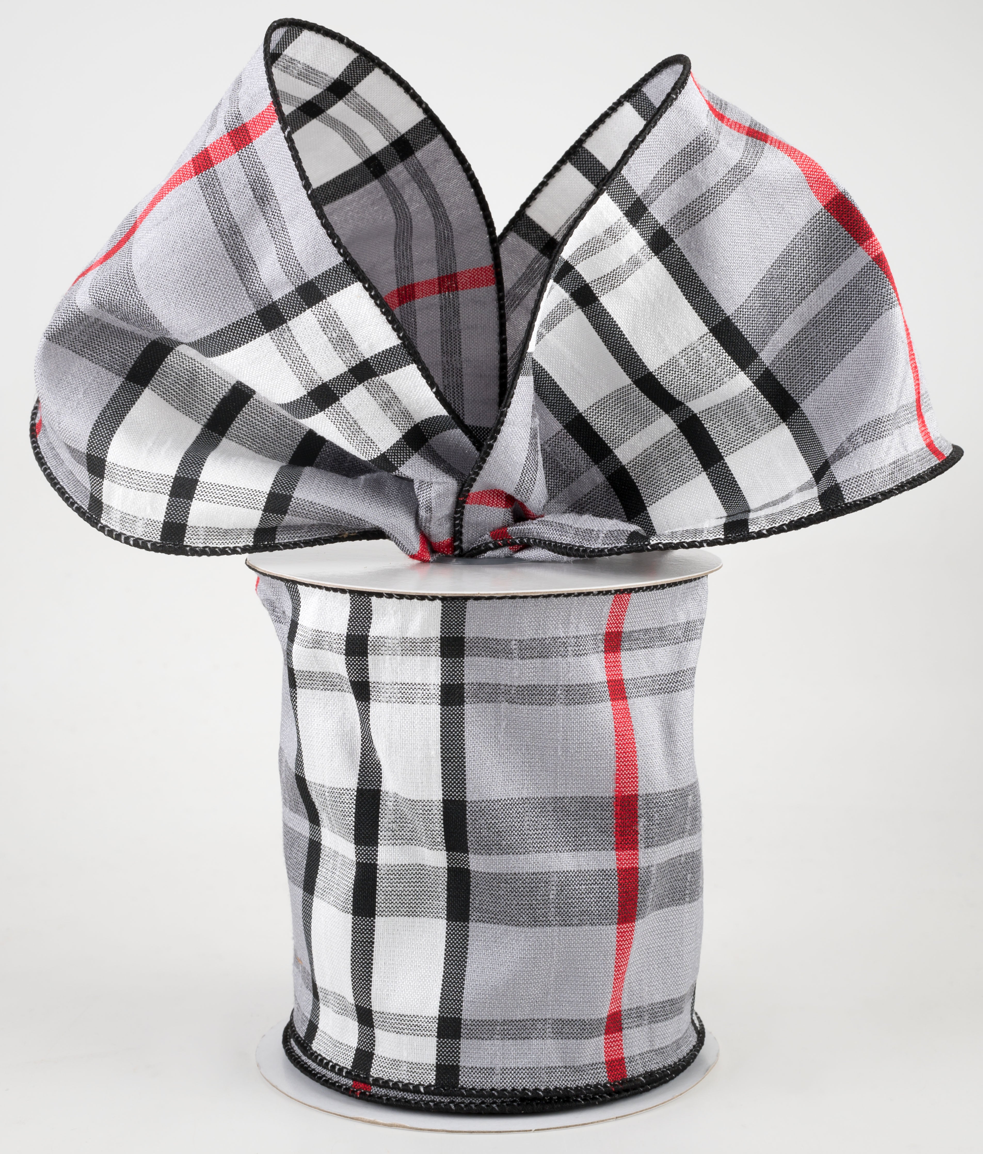 4" Plaid Faux Dupioni Ribbon: Grey, White, Black, Red (10 Yards) Lifestyle Photo