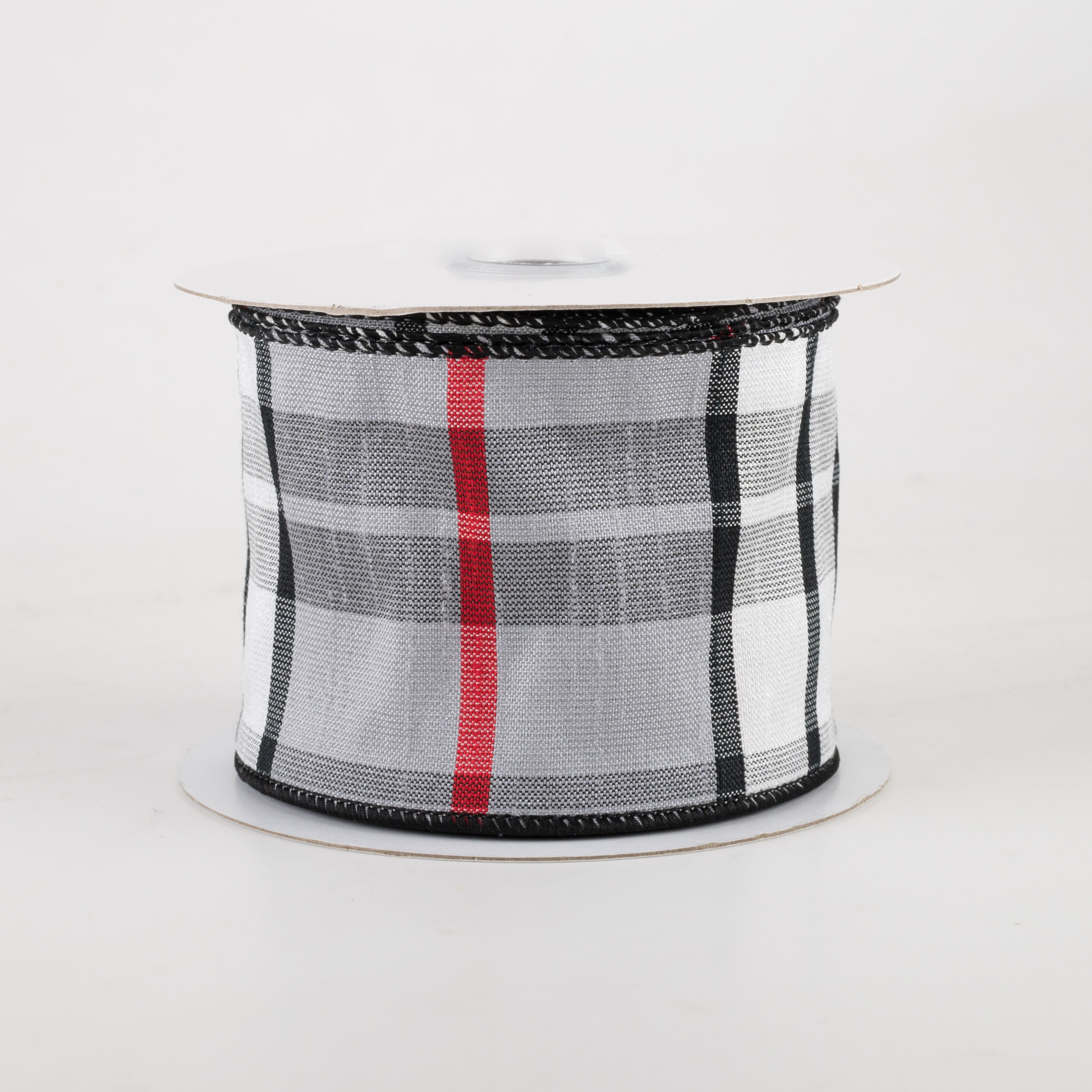 2.5" Plaid Faux Dupioni Ribbon: Grey, White, Black, Red (10 Yards)